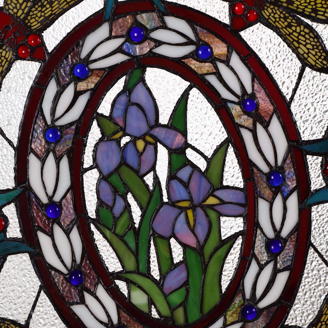 W10031 Dragonfly Iris Flower Tiffany Style Stained Glass Window Panel with Chain, Rectangular Shape, 19" W x 25" H