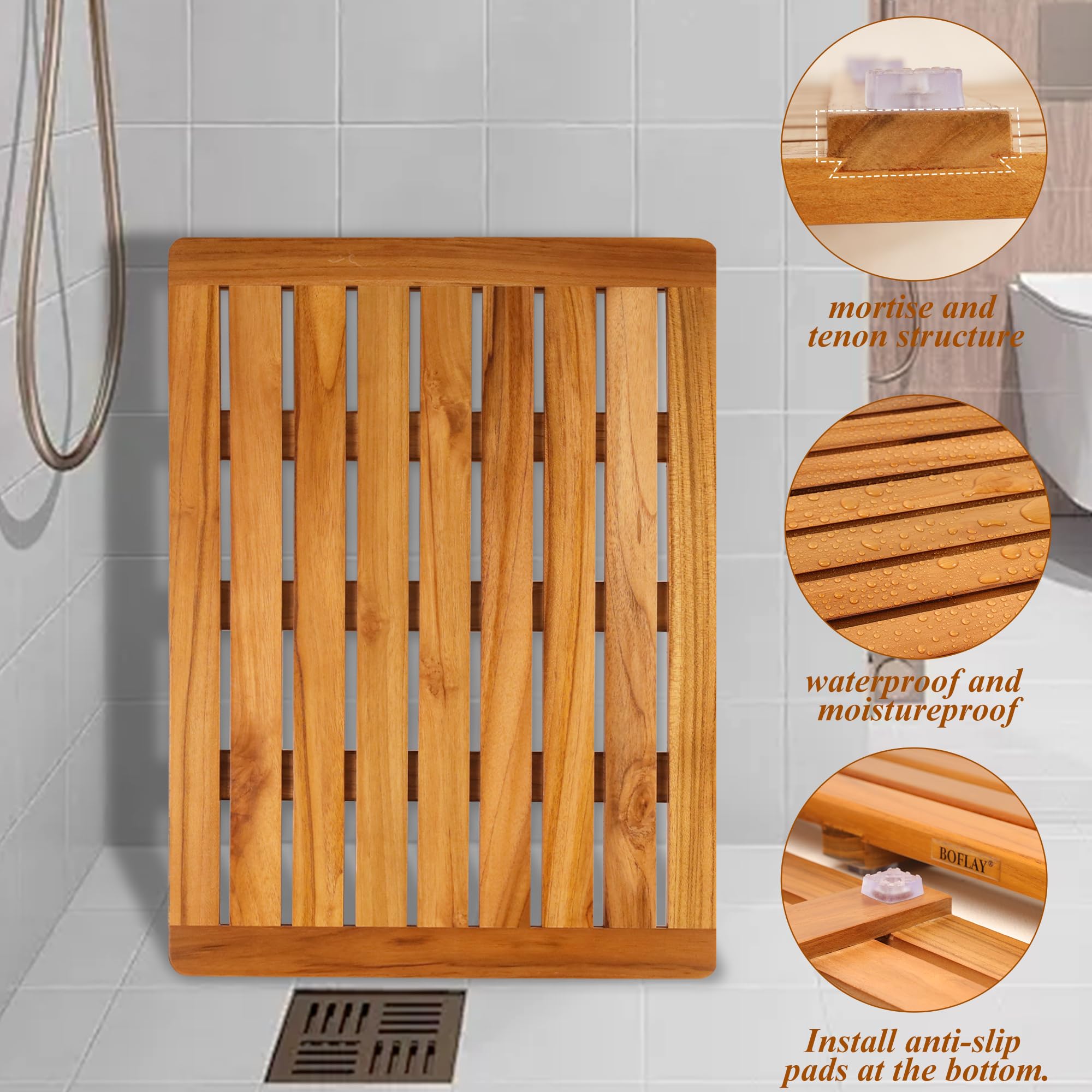Boflay Teak Wood Bath Mat,Wooden Shower Mat, Bathtub Mat,Water-Resistant & Anti-Slip Teak Floor Mat,Easy to Clean Indoor or Outdoor,Max 300 lbs(A.Mat)