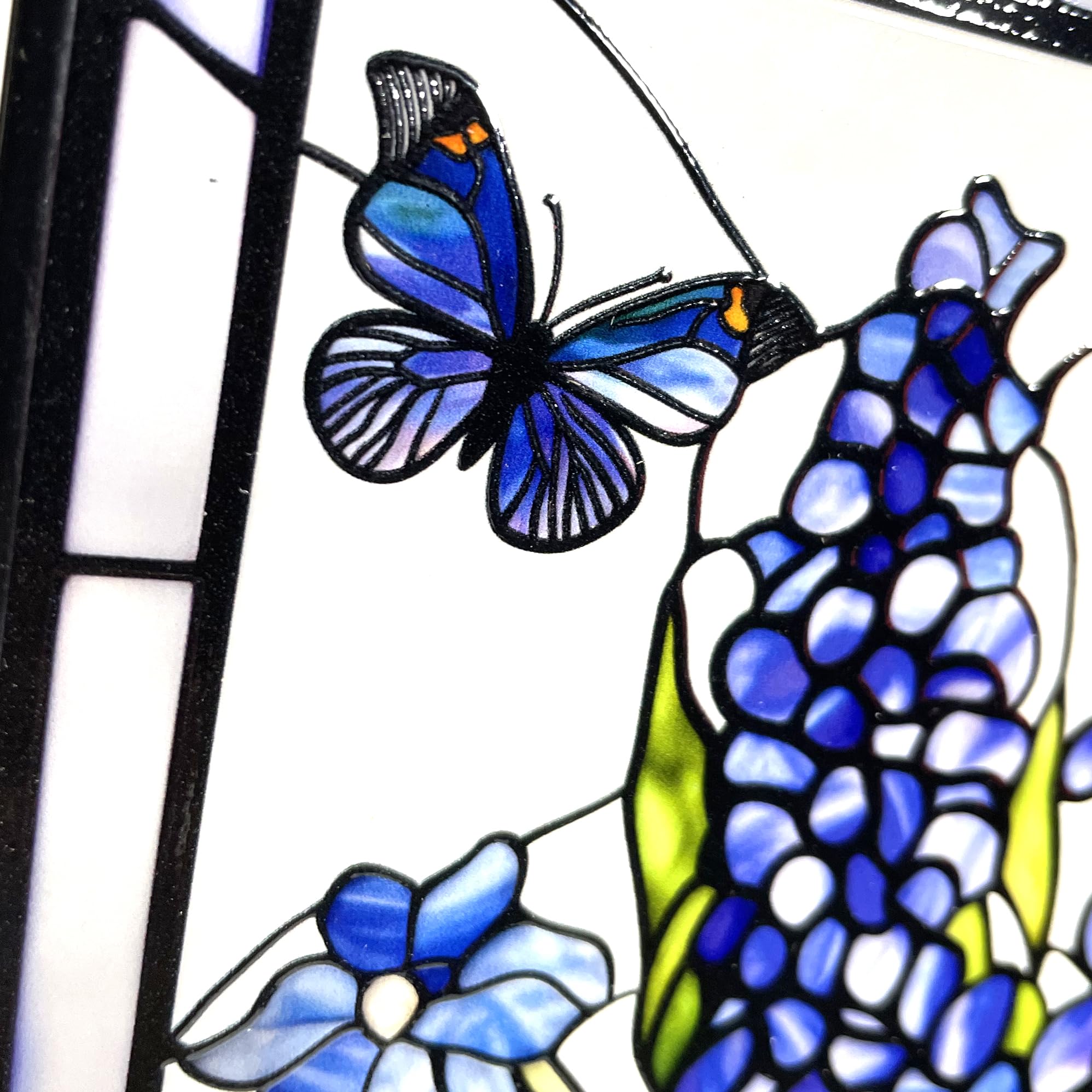 Bluebonnet Blue Iris Flower and Butterfly Stained Glass Panel Suncatcher Square
