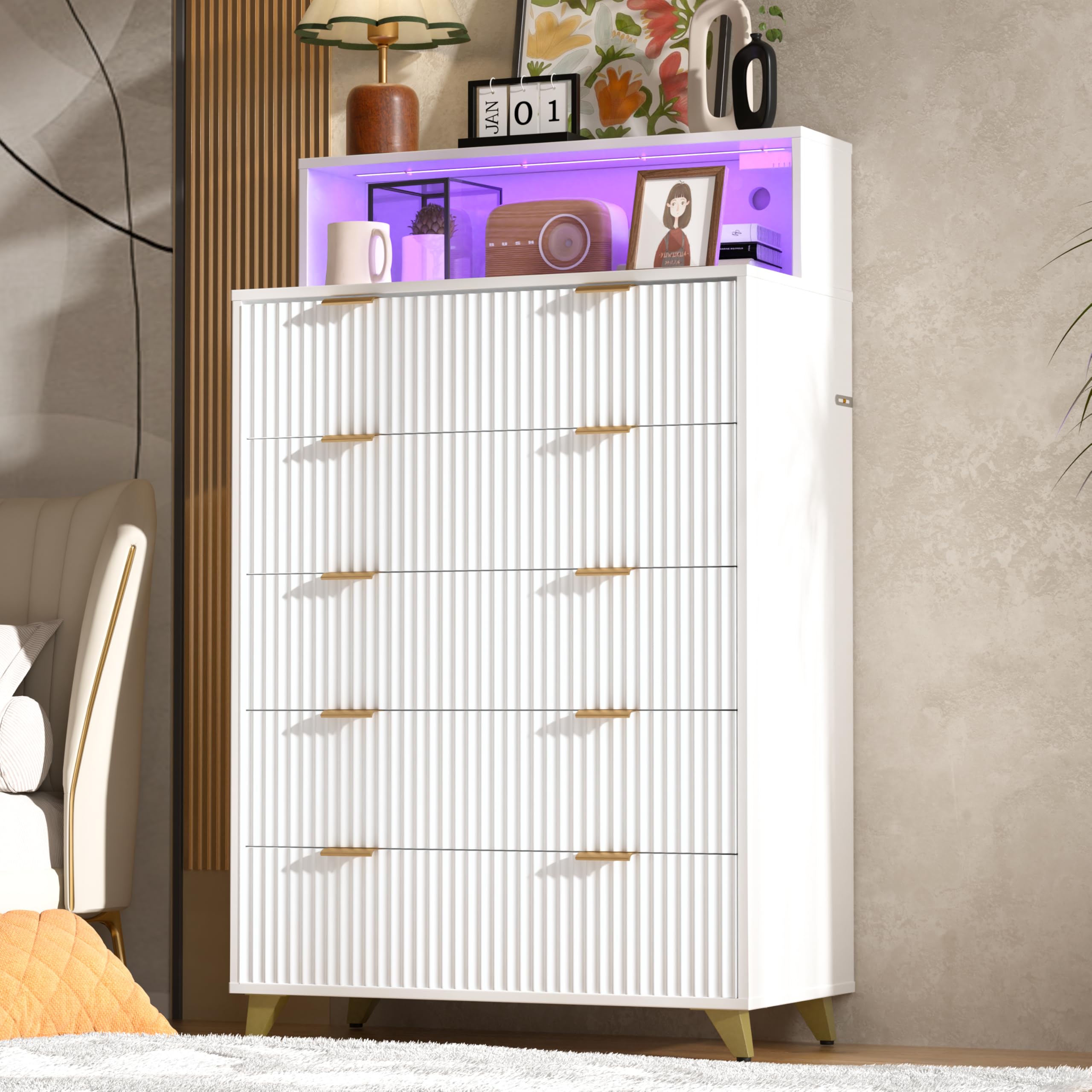 Fluted Dresser with 5 Drawers,51" Tall Dressers for Bedroom with LED,Chest of Drawers