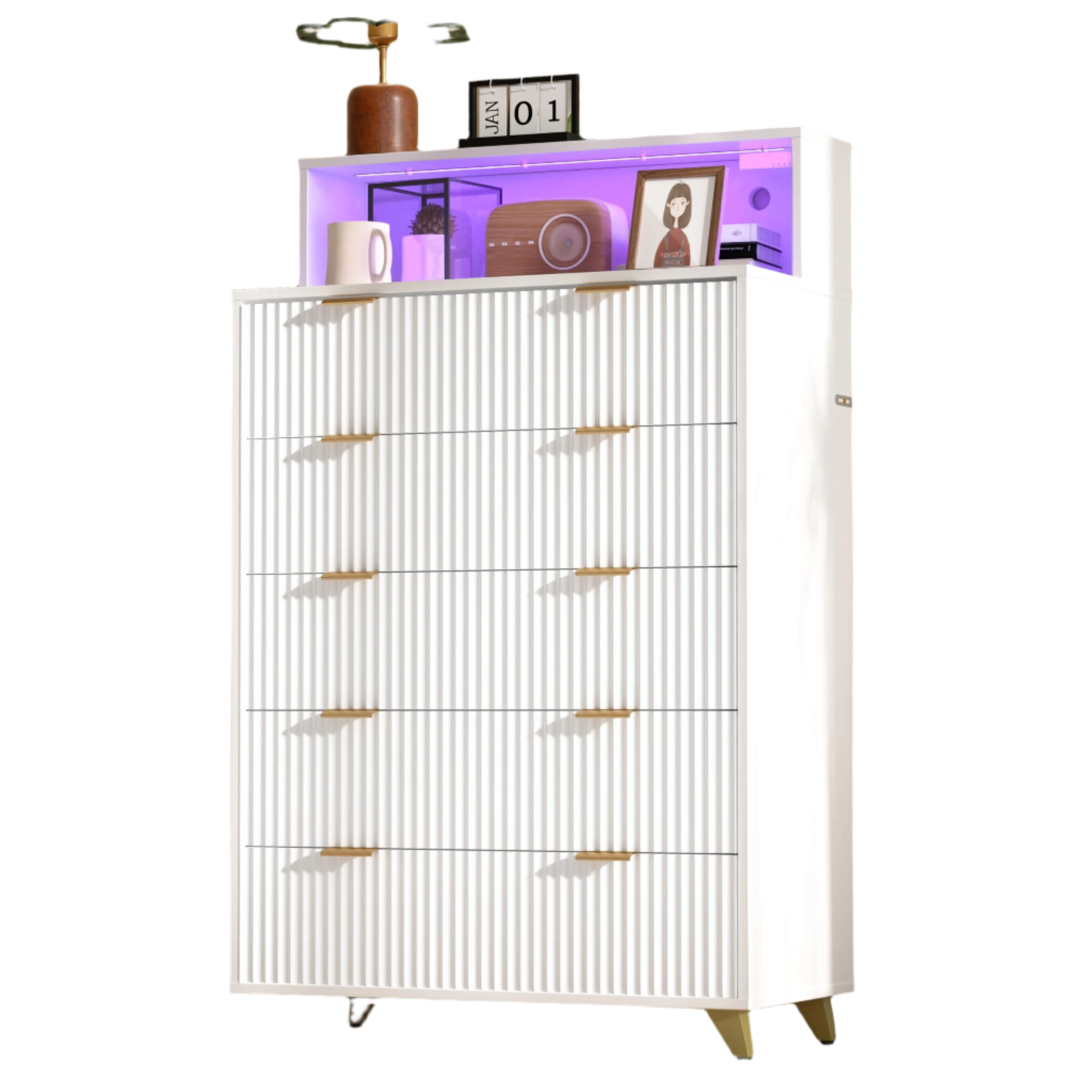 Fluted Dresser with 5 Drawers,51" Tall Dressers for Bedroom with LED,Chest of Drawers