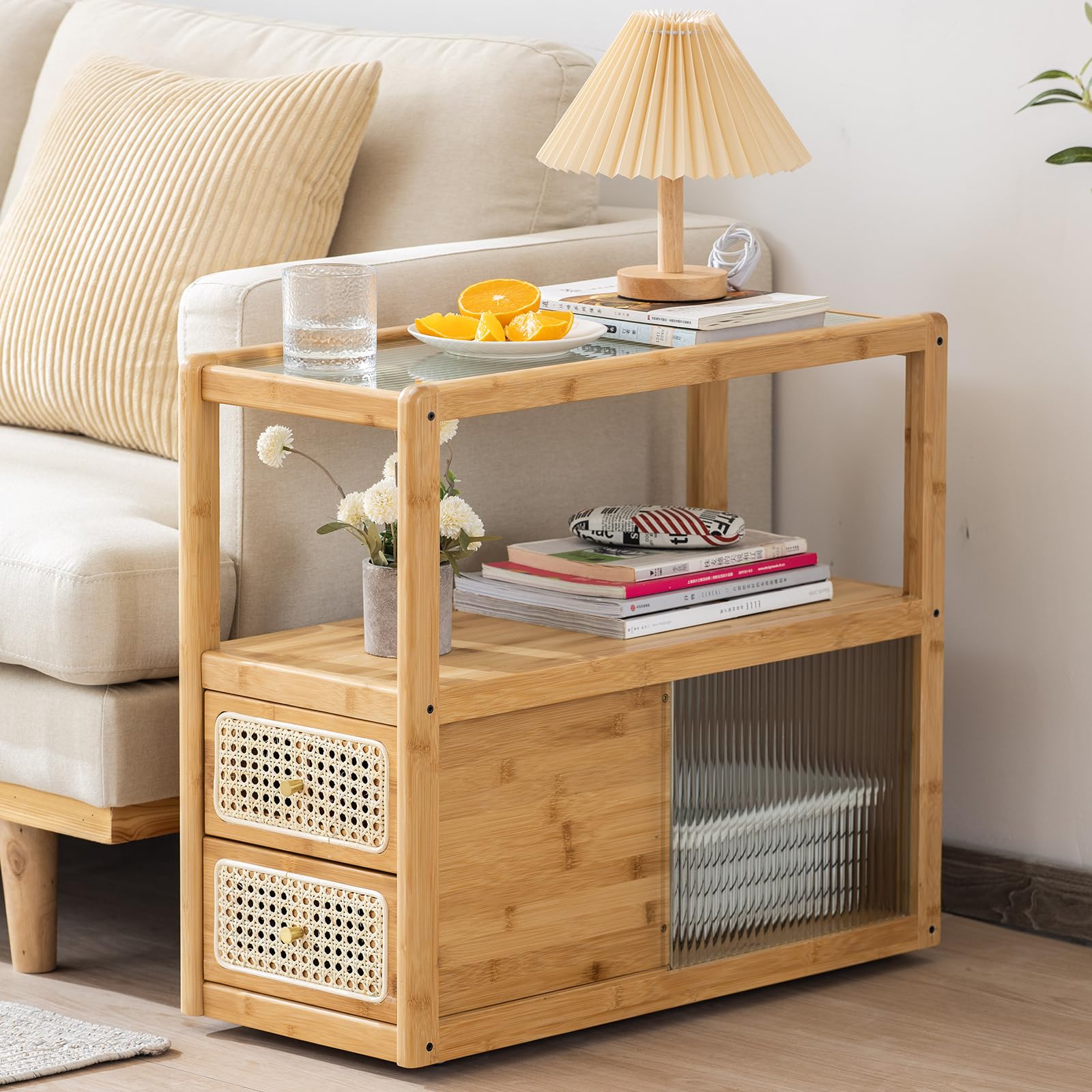 Rattan Nightstand Side Table, Bamboo Accent Bedside Tables, Glass Coffee Tables
