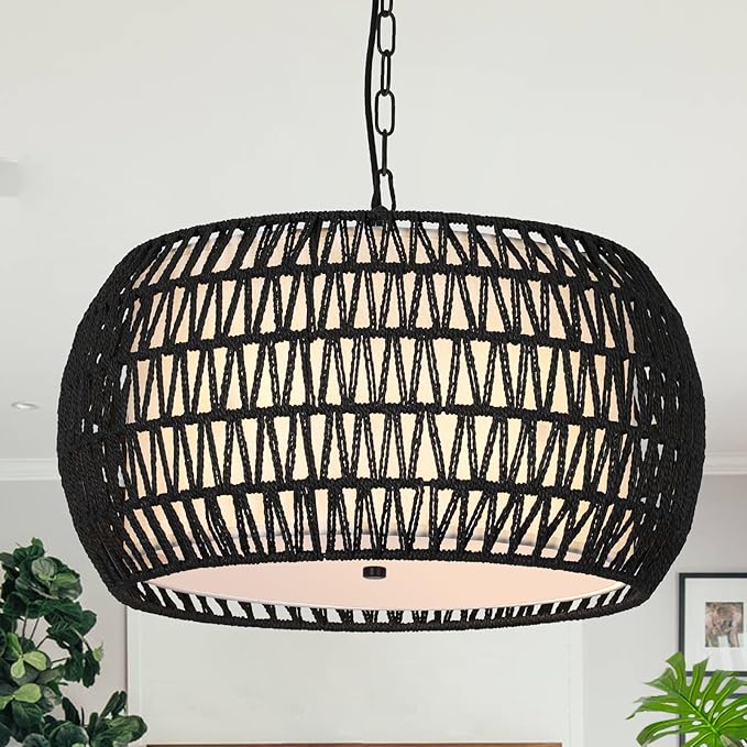 Farmhouse Chandelier Light Fixtures，5-Lights Rattan Dining Room Light Fixture