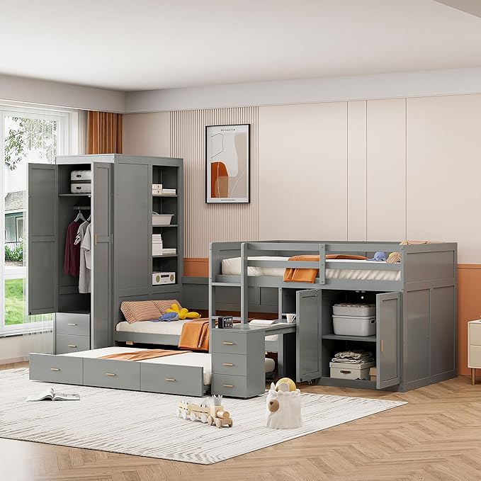 Twin Over Twin Bunk Bed with Wardrobe, Desk, Storage Cabinets and Drawers