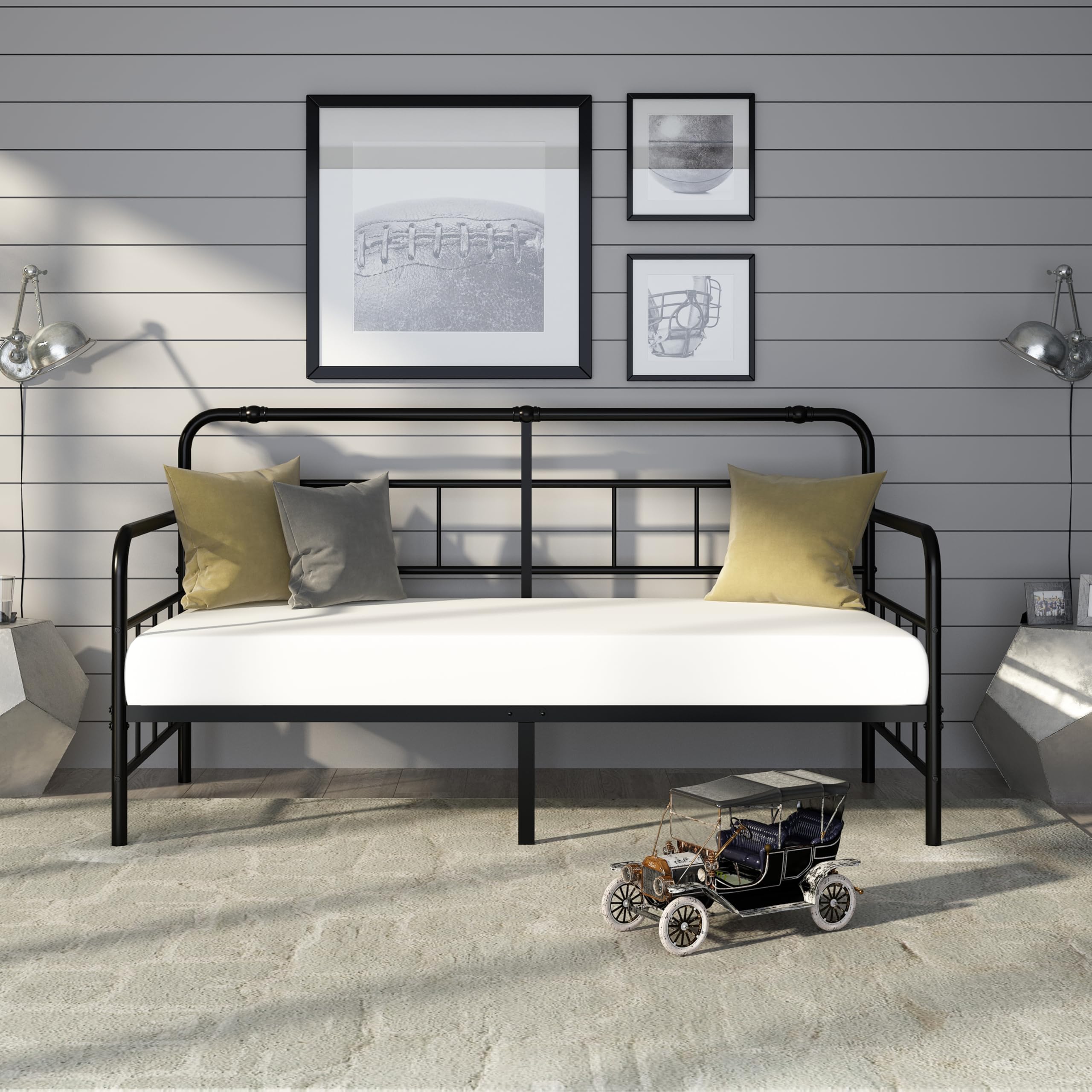 Daybed-Metal-Twin-Size-Bed-Frame - with Headboard, Heavy Duty Steel Slats Support