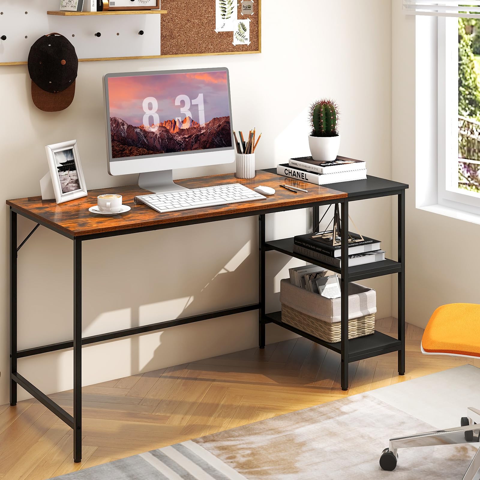 55’’ Computer Desk, Large Writing Desk with Open Shelves & Steel Frame