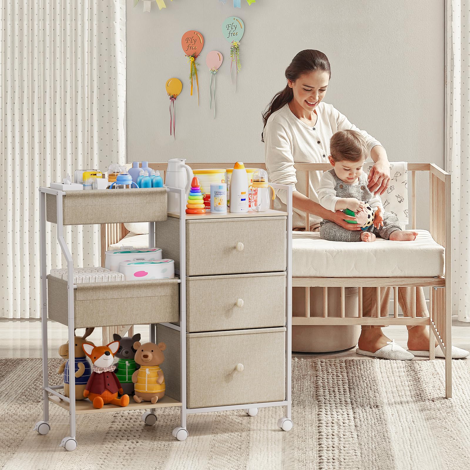Baby Organizer and Storage - 3 Tier Rolling Cart with Dividers and Drawers