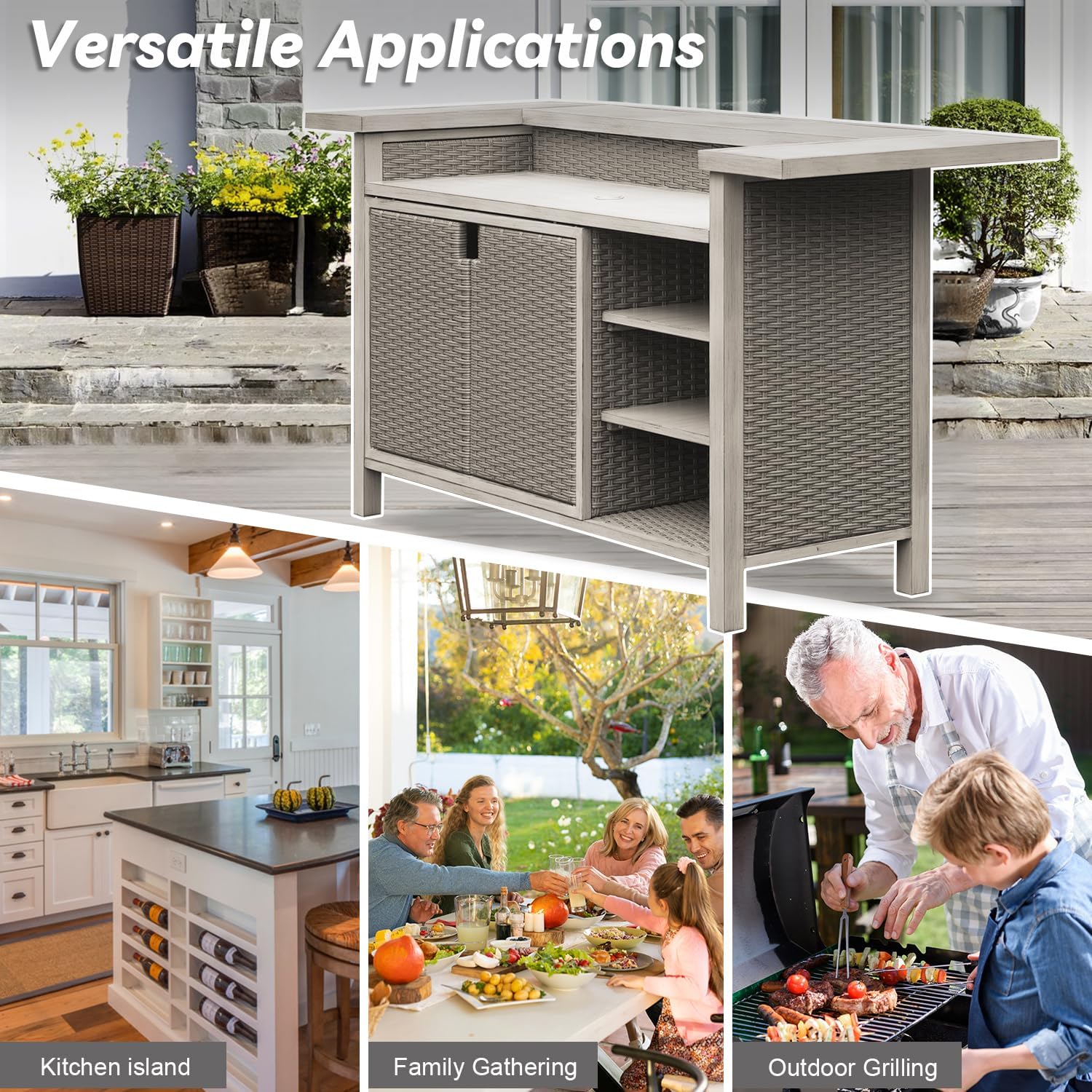 Domi Outdoor Home Bar Unit, All-Weather Wicker & Aluminum Frame Farmhouse Bar Furniture with Storage, Waterproof Rattan Buffet Table with Shelves and Cabinet, Easy-to-Clean for Patio Kitchen