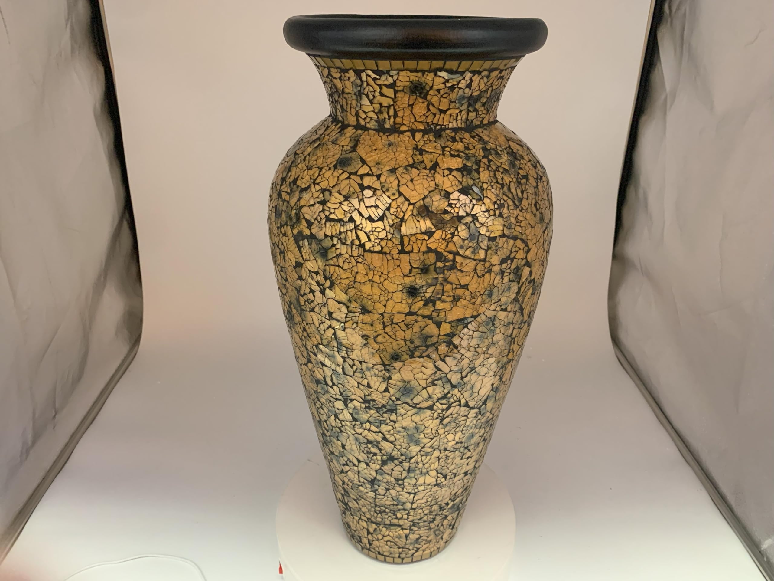 Floor Vase, 24 Inch Mosaic Vase – Tall Cylinder Made of Terracotta with Crackled Gold