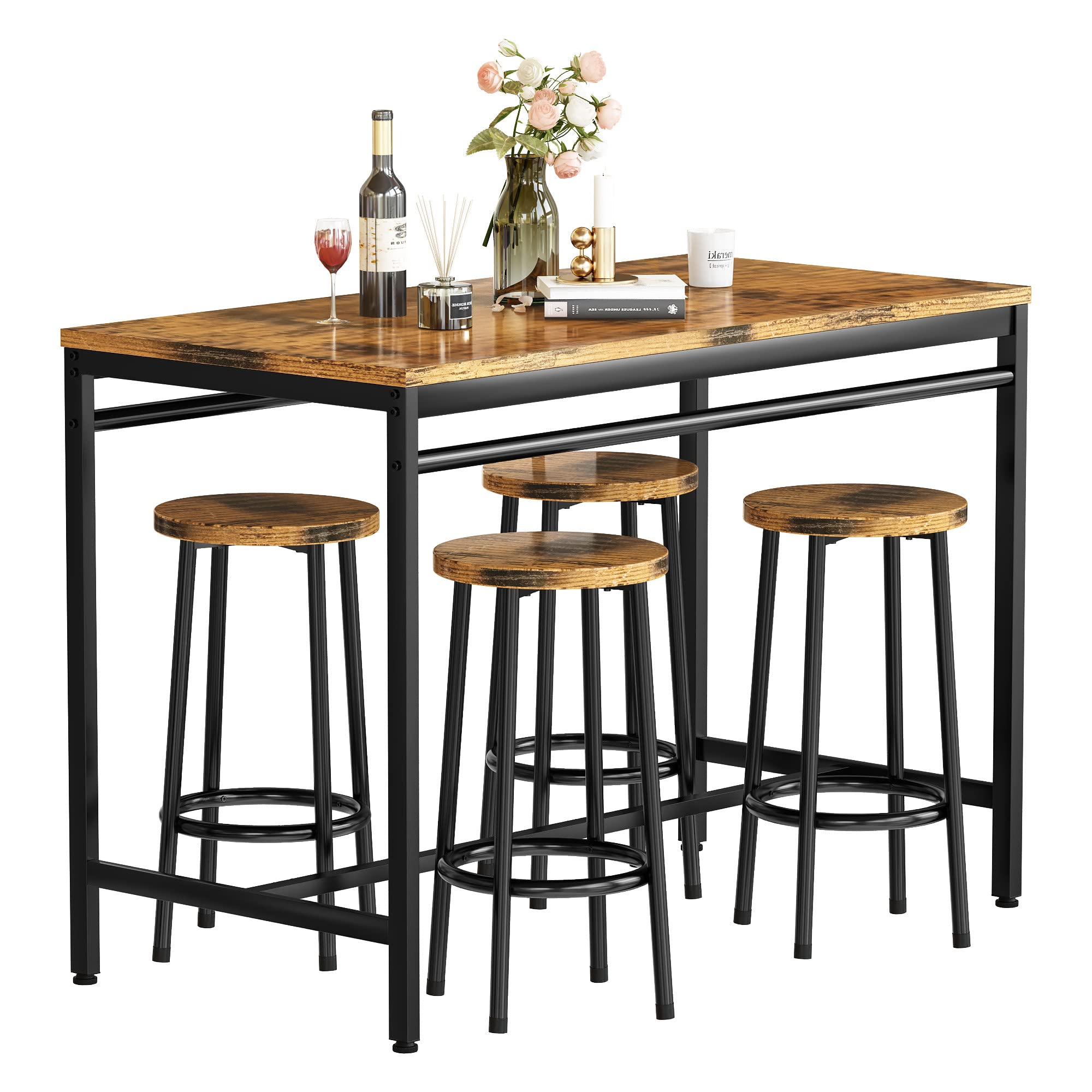 47" Dining Table Set with 4 Stools, 5-Piece Rectangular Kitchen Bar Table and Chairs