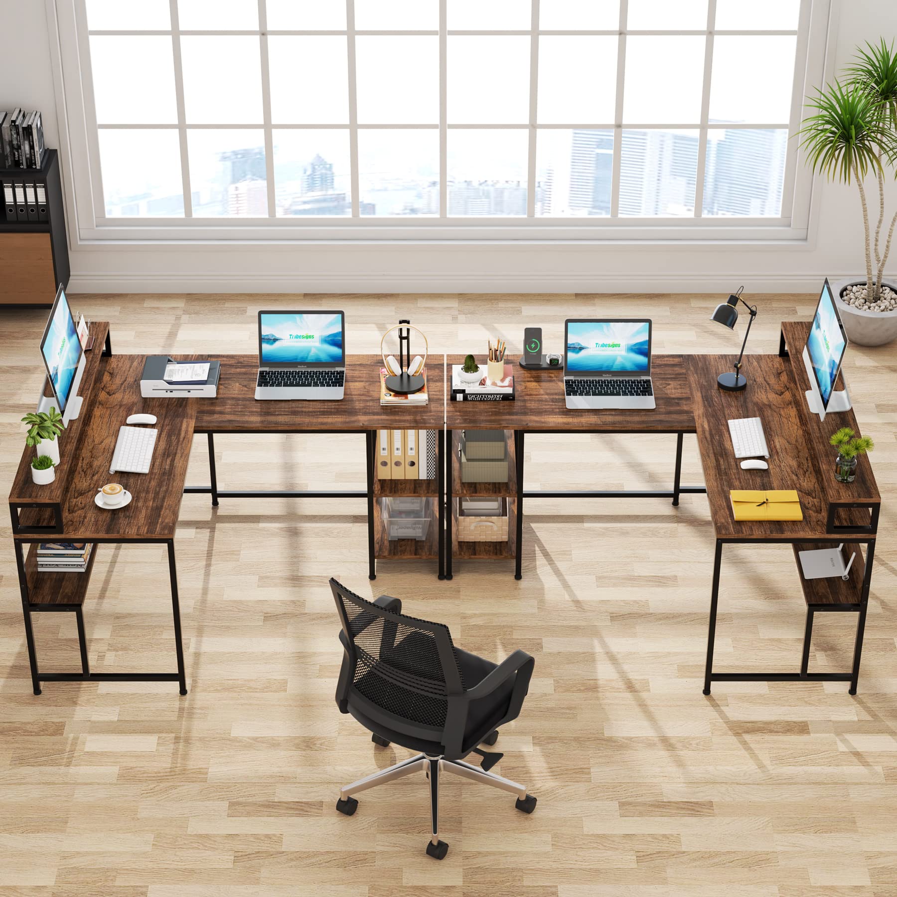 L Shaped Desk with Shelves, 59" Large Corner Computer Desk with Monitor Shelf