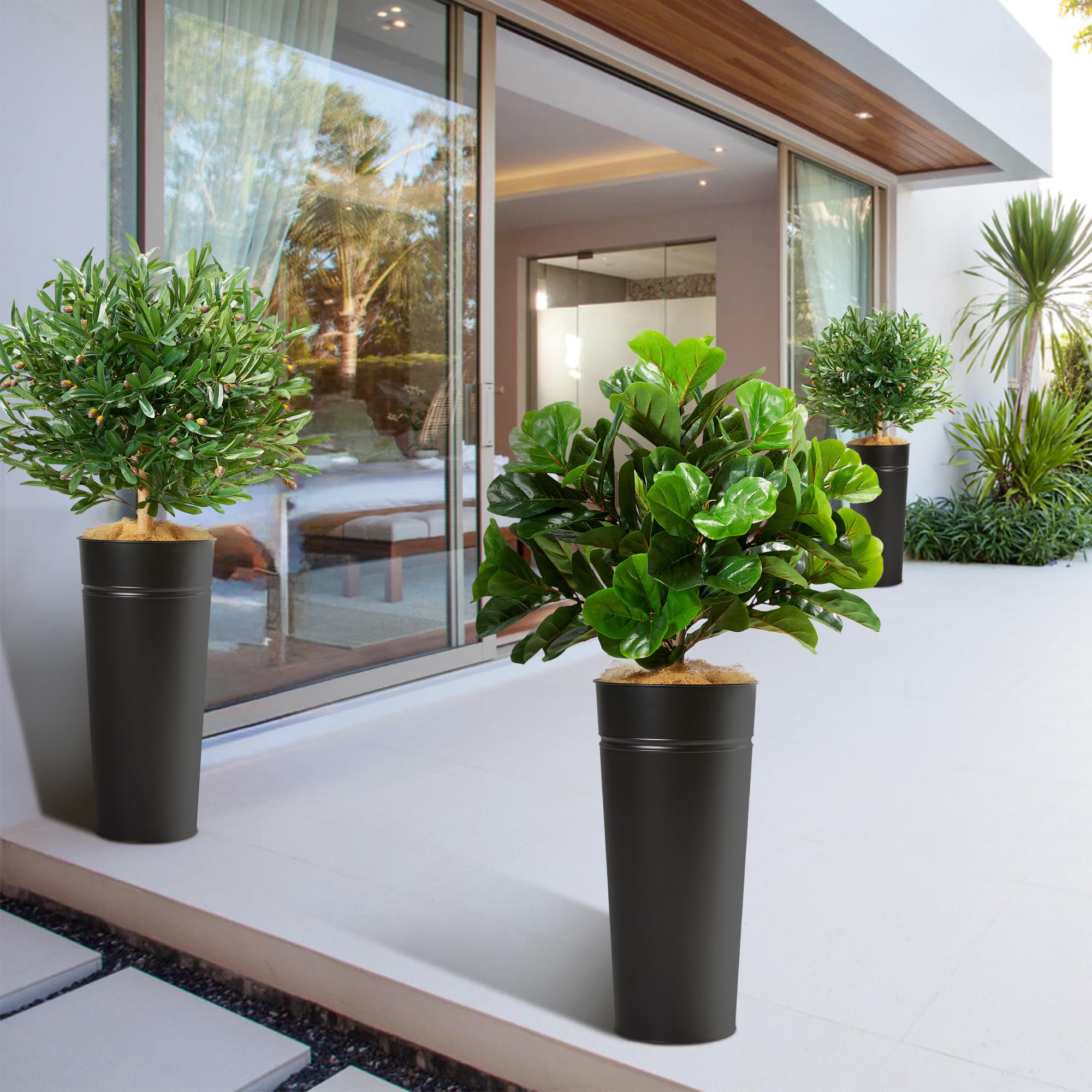 28" Black Metal Planter Combo Set with Artificial Olive Tree & Fiddle Leaf Fig Tree