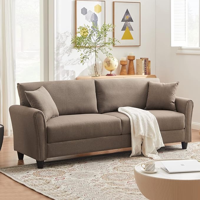 Century Modern Couch 3 Seater Sofa with 2 Throw Pillows, Linen Fabric Upholstered