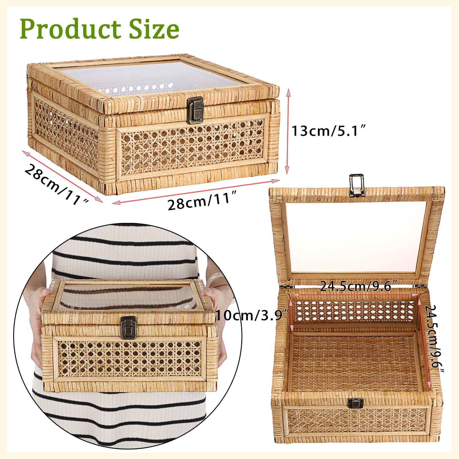Hipiwe Rattan Decorative Box with Clear Lid and Lock - Large Wicker Storage Basket Bin Handwoven Natural Rattan Basket Organizer Wood and Cane Display Box for Shelf Home Decor,11"x11"x5.1"