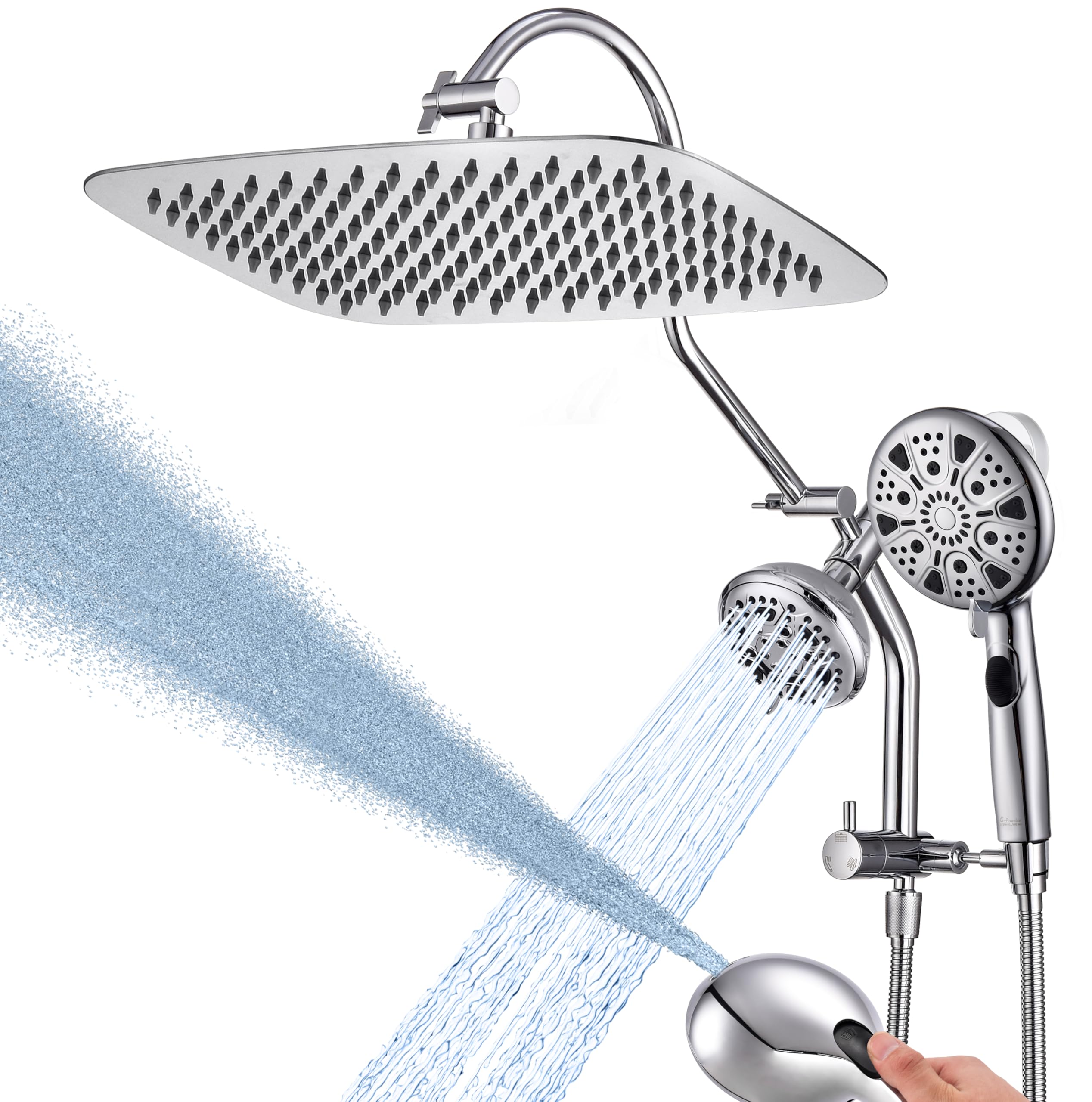 G-Promise 12 Inch Metal Rain Shower Head with Handheld Spray Combo, Massage Fixed and 7+2 Function Handheld Showerhead, Extended Diverter with 12 Inch Extension Arm, Extra Long stainless steels Hose