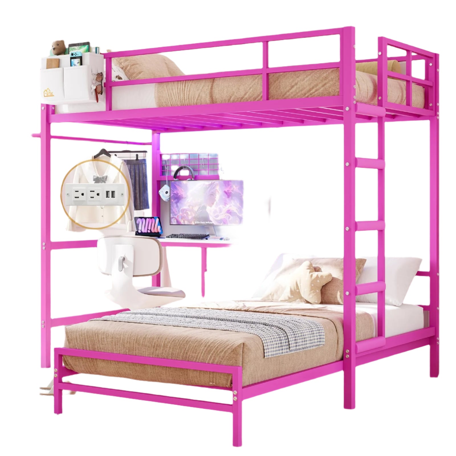 Bunk Bed with Desk and Charging Station Metal Loft Bed Twin Size