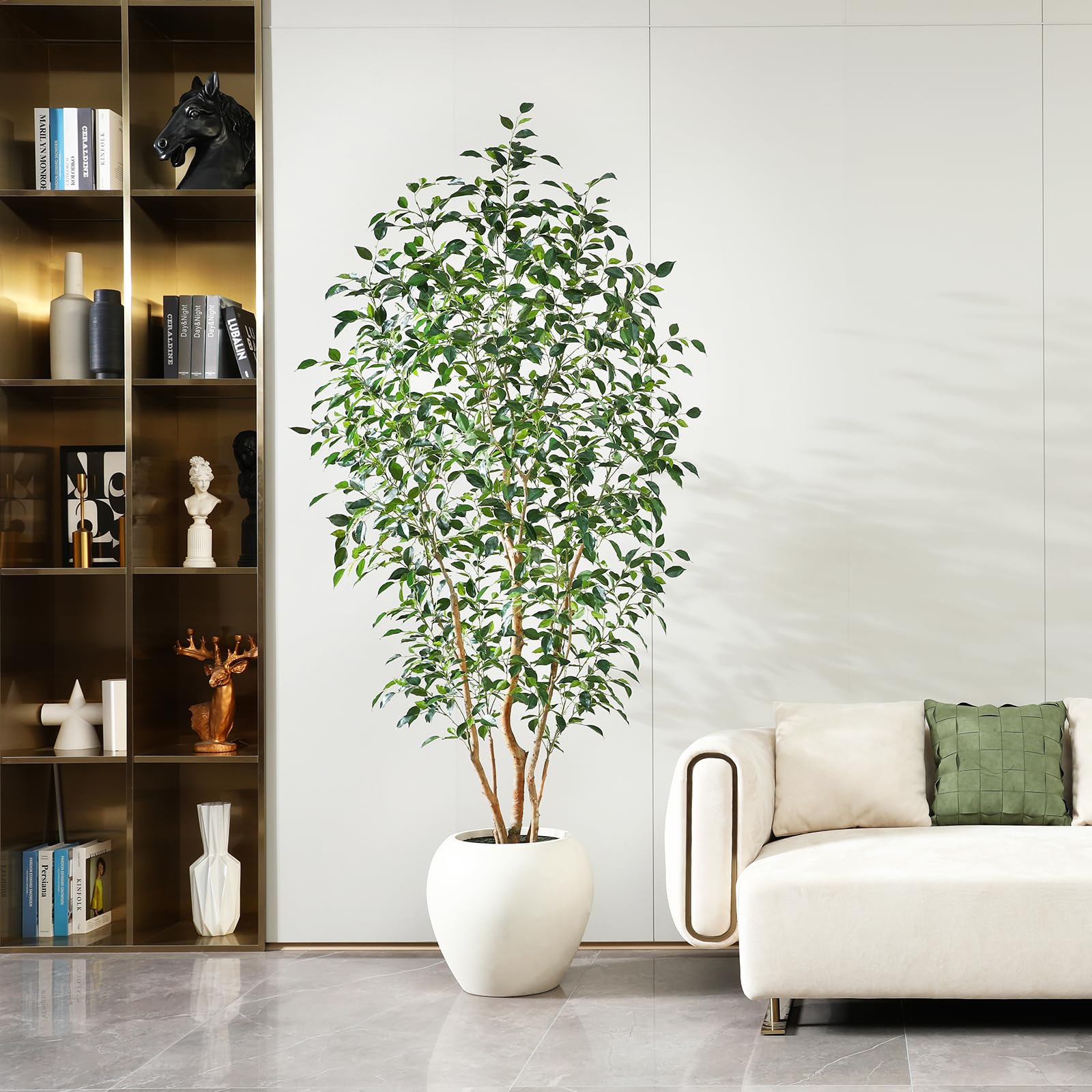 8FT Artificial Ficus Tree, Indoor Faux Ficus Plant with Realistic Leaves & Natural Wood Trunk