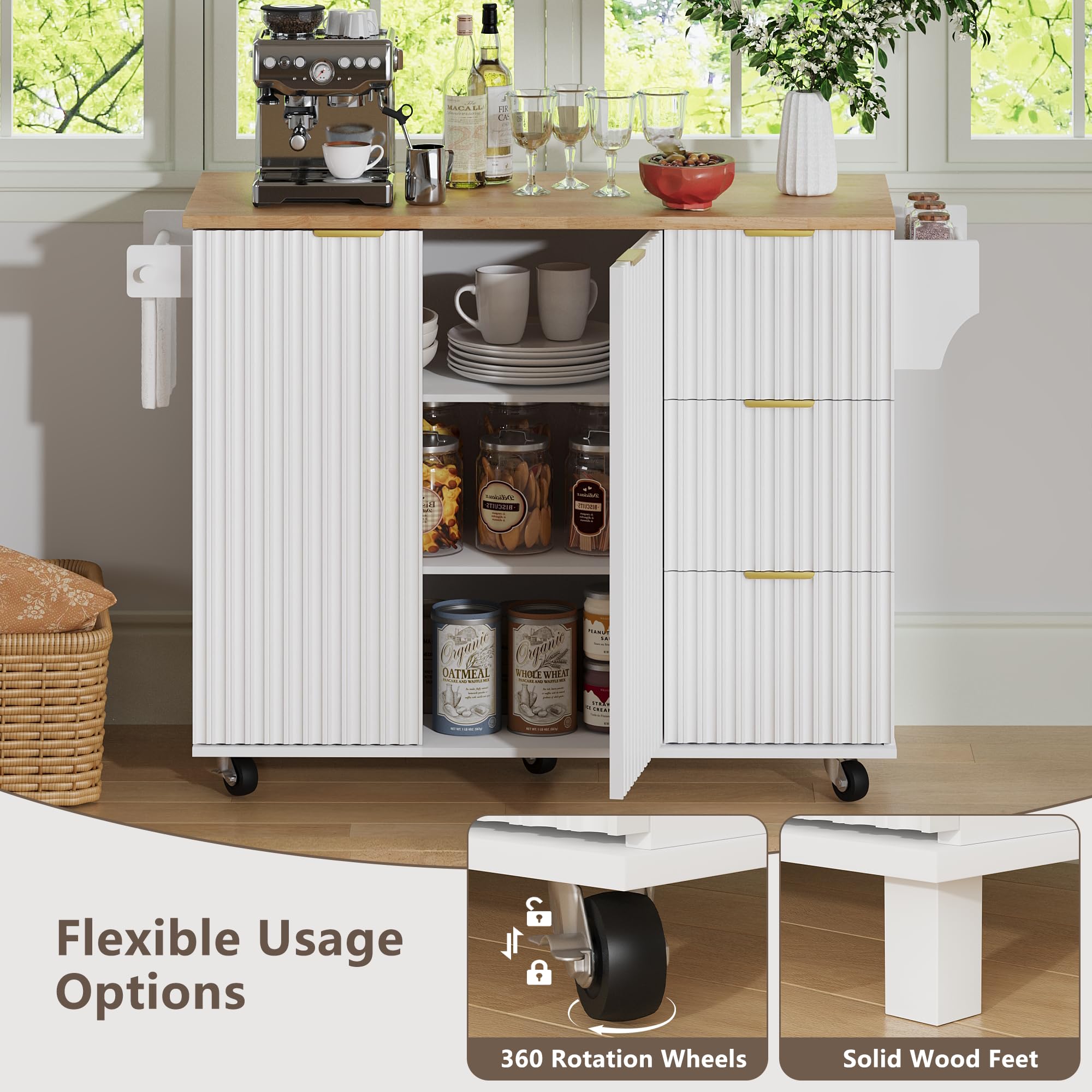 win2win Rolling Kitchen Island with Storage, Portable Kitchen Island with Drop Leaf Breakfast Bar, Modern Farmhouse Bar Cart on Wheels with Fluted Design, Towel Rack, Spice Rack, White