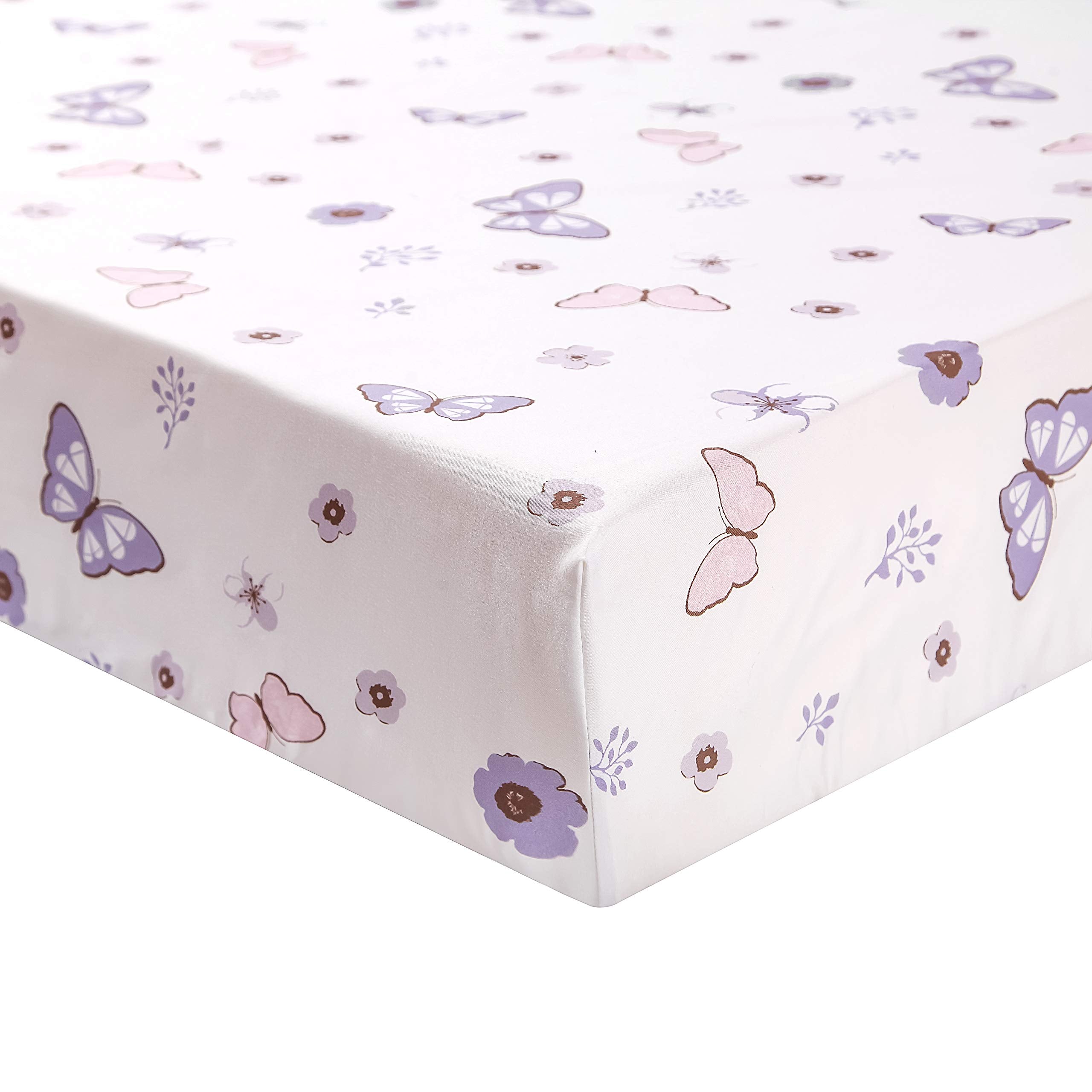 Baby Mini Crib Bedding Set for Girls, Pastel Purple Butterfly, 3 Piece Crib Set