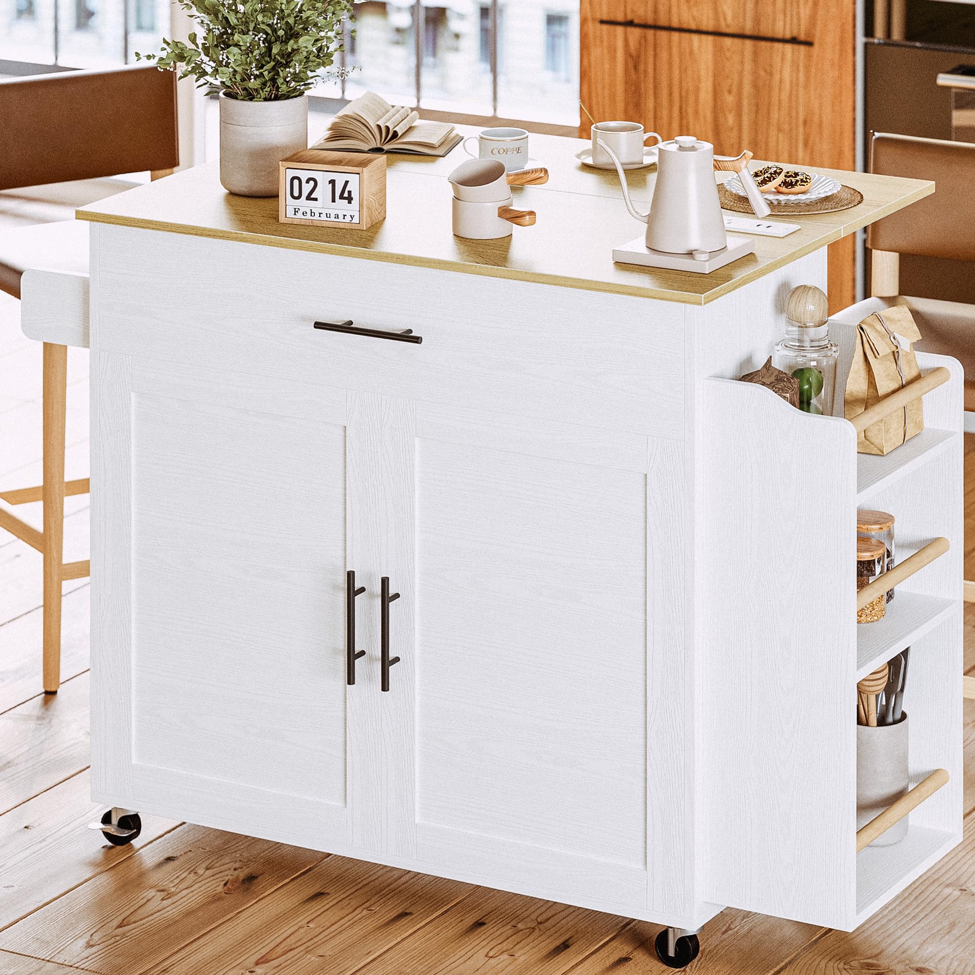 Kitchen Island with Storage, Rolling Kitchen Island on Wheels with Drop Leaf