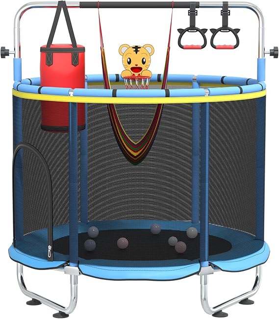 Pelnuies 60" Trampoline for Kids with Safety Net, 440lbs Indoor & Outdoor Toddler Trampoline with Swing, Adjustable Gym Bar & Basketball Hoop, Fun & Active Play for Boys & Girls, Yellowishblue