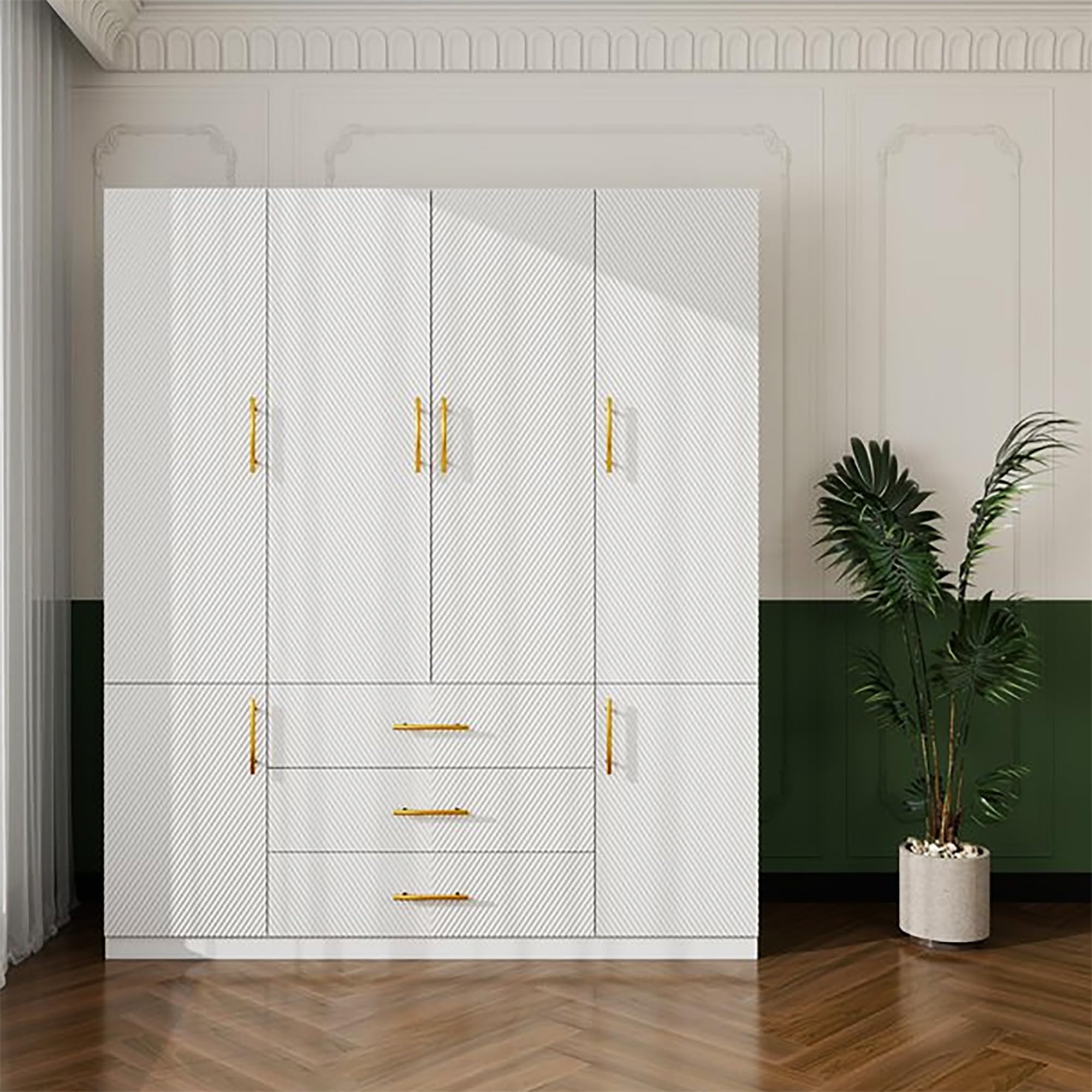 White Wardrobe Closet with Doors, 3 Drawers, Hanging Rods,Armoires