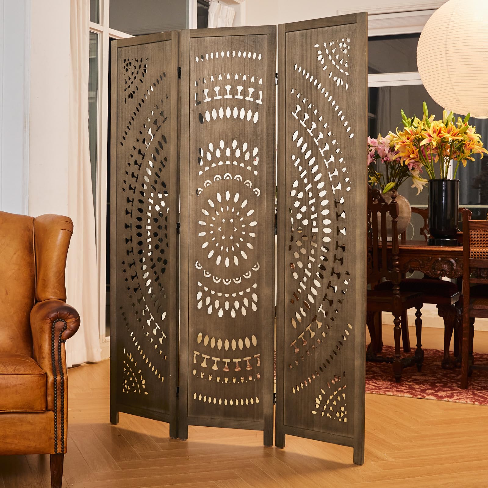 Svimi Room Divider Wood Carved Wall Divider Indoor Folding Bohemian Style Portable Partition Screen for Home Office Garden Terrace - 3 Panels (Brown)