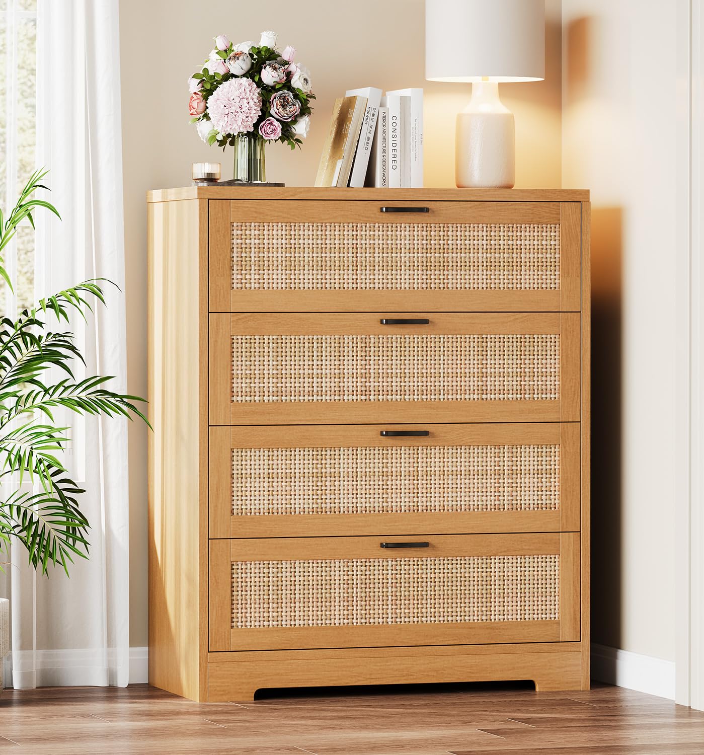 Rattan Dresser, Tall Chest of Drawers, Wood Dresser for Bedroom, Closet, Living Room