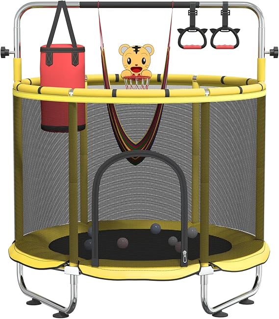 Pelnuies 60" Trampoline for Kids with Safety Net, 440lbs Indoor & Outdoor Toddler Trampoline with Swing, Adjustable Gym Bar & Basketball Hoop, Fun & Active Play for Boys & Girls, Yellowishblue