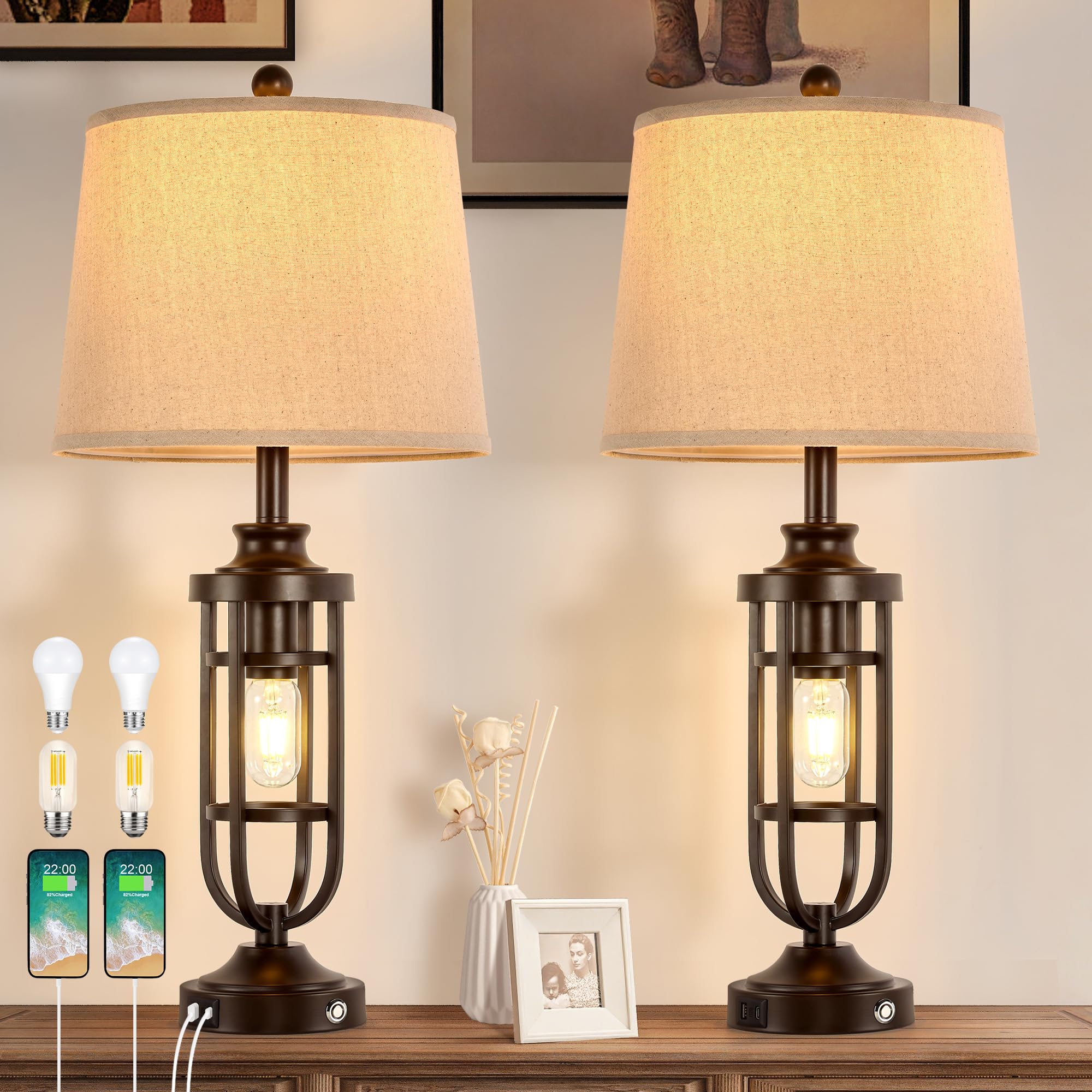 Table Lamps for Living Room Set of 2, 3-Way Dimmable Touch Lamps