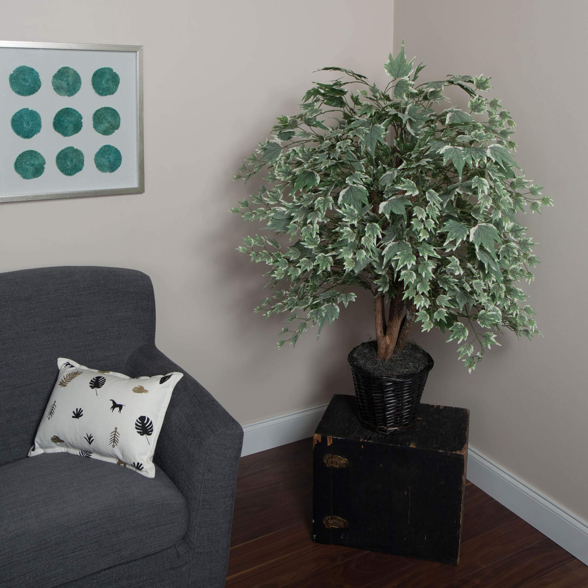 Everyday 4' Artificial Silver Maple Extra Full Bush in A Rattan Basket - Realistic Indoor