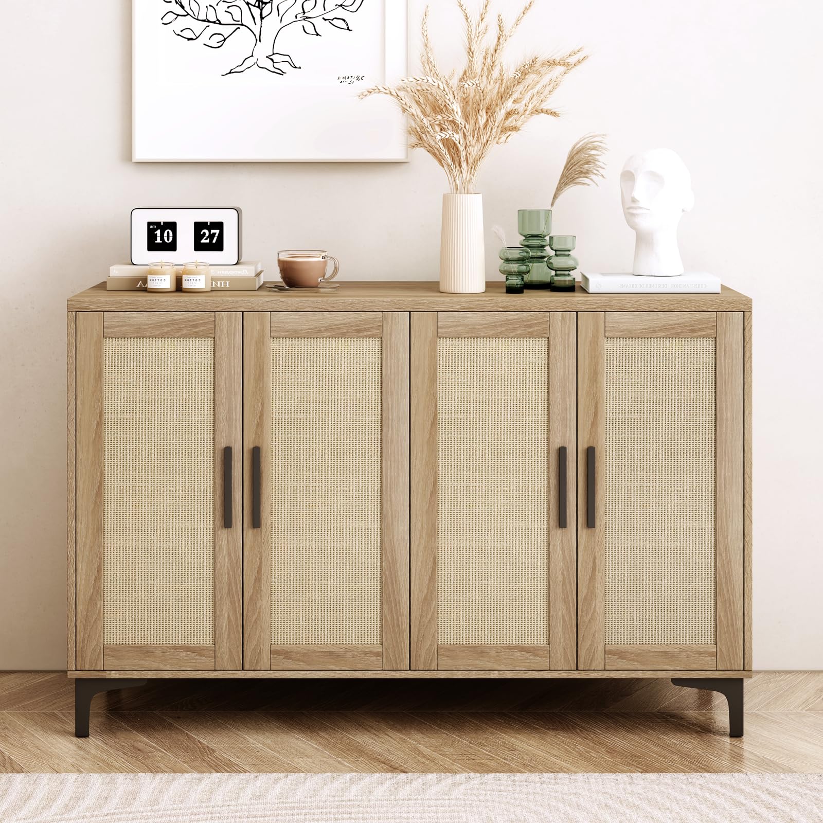 Sideboard Buffet Cabinet with Storage, Rattan Kitchen Storage