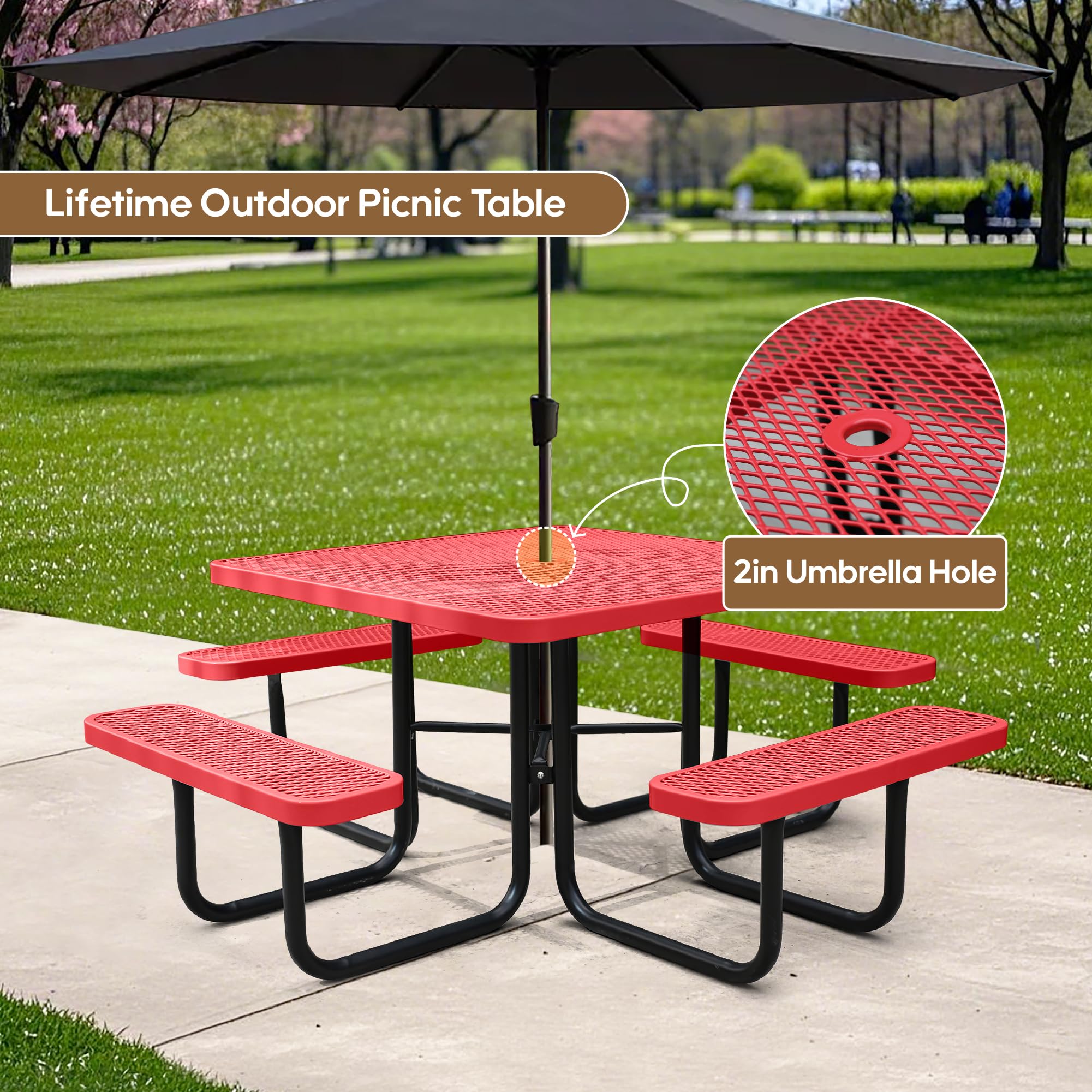 8-Person Picnic Tables for Outdoors, Industrial 46" Expanded Metal Square Picnic