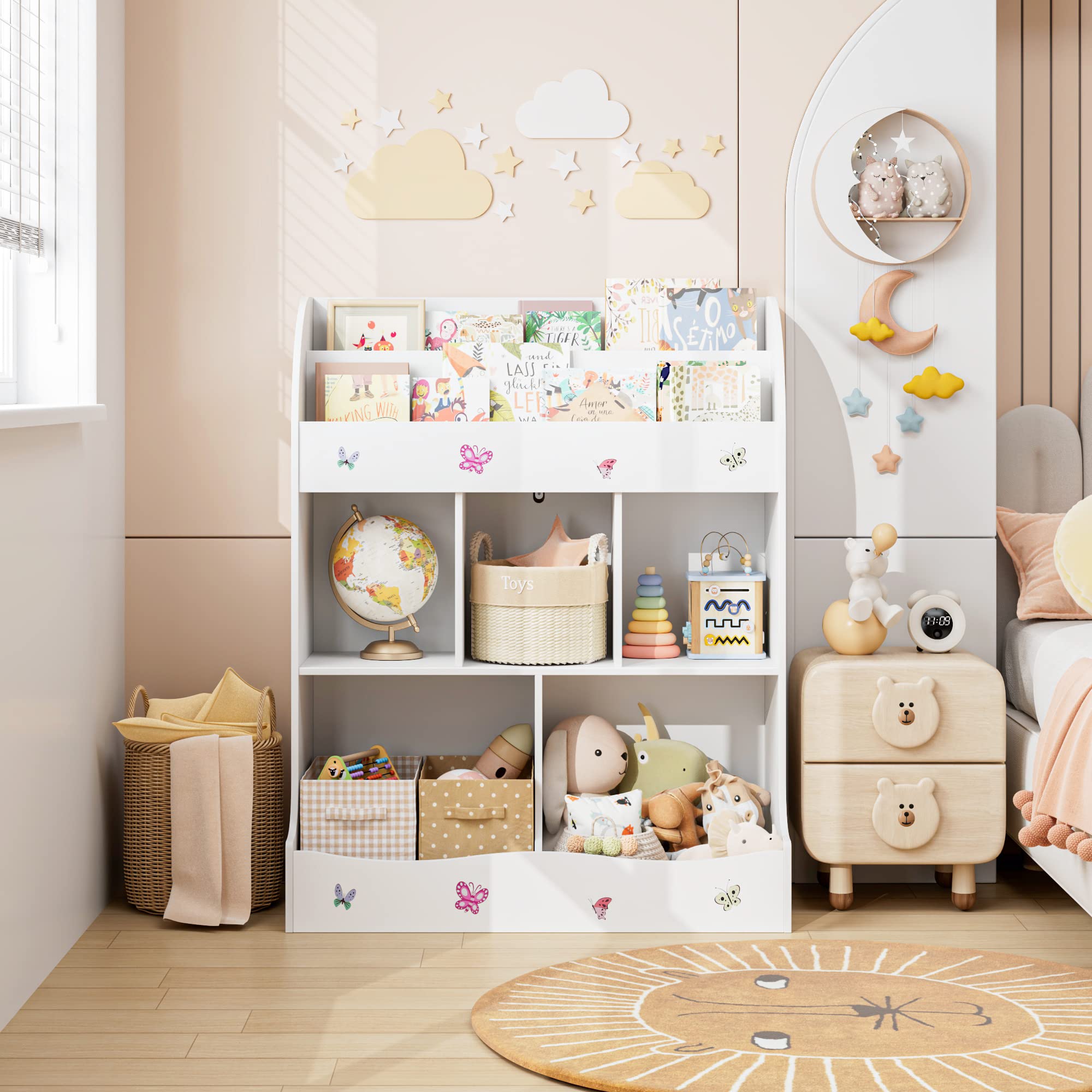Kids Bookshelf and Toy Storage, 3 Tier Sling Montessori Bookcase with Toy Organizer