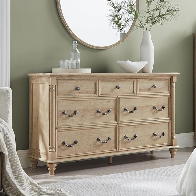 Farmhouse 7 Drawers Dresser Chests for Bedroom w/ 4 Column Solid Wood Feet