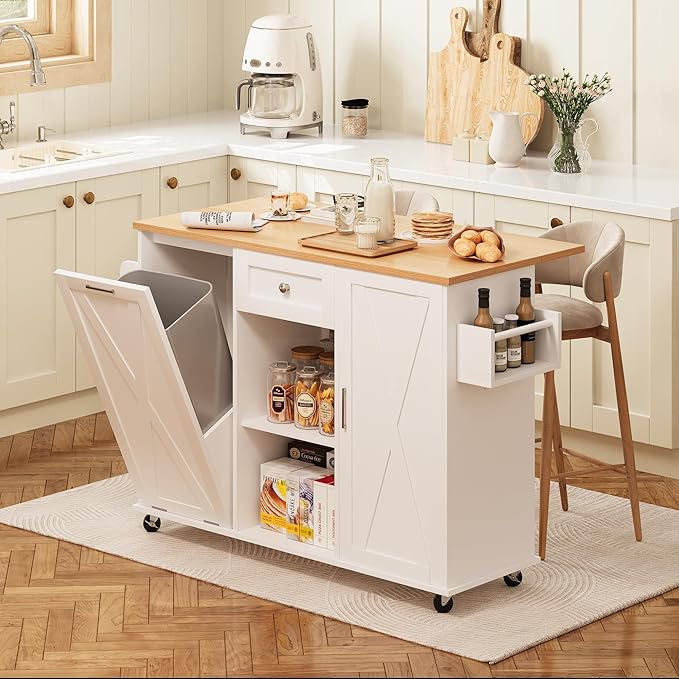 48" Rolling Kitchen Island with Drop Leaf & Trash Can Storag