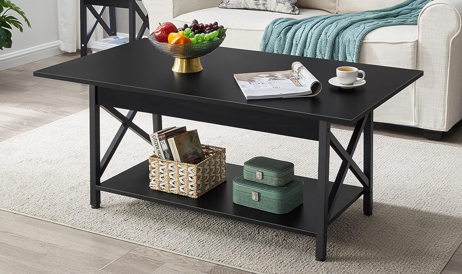 Black Coffee Table with Storage Shelf 39 inch