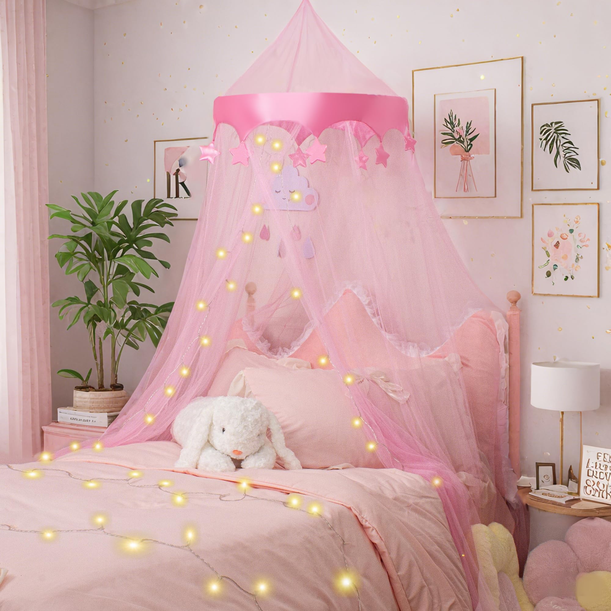 Bed Canopy with Lights for Girls, Princess's Birthday Gift - Over Star Element Decorate