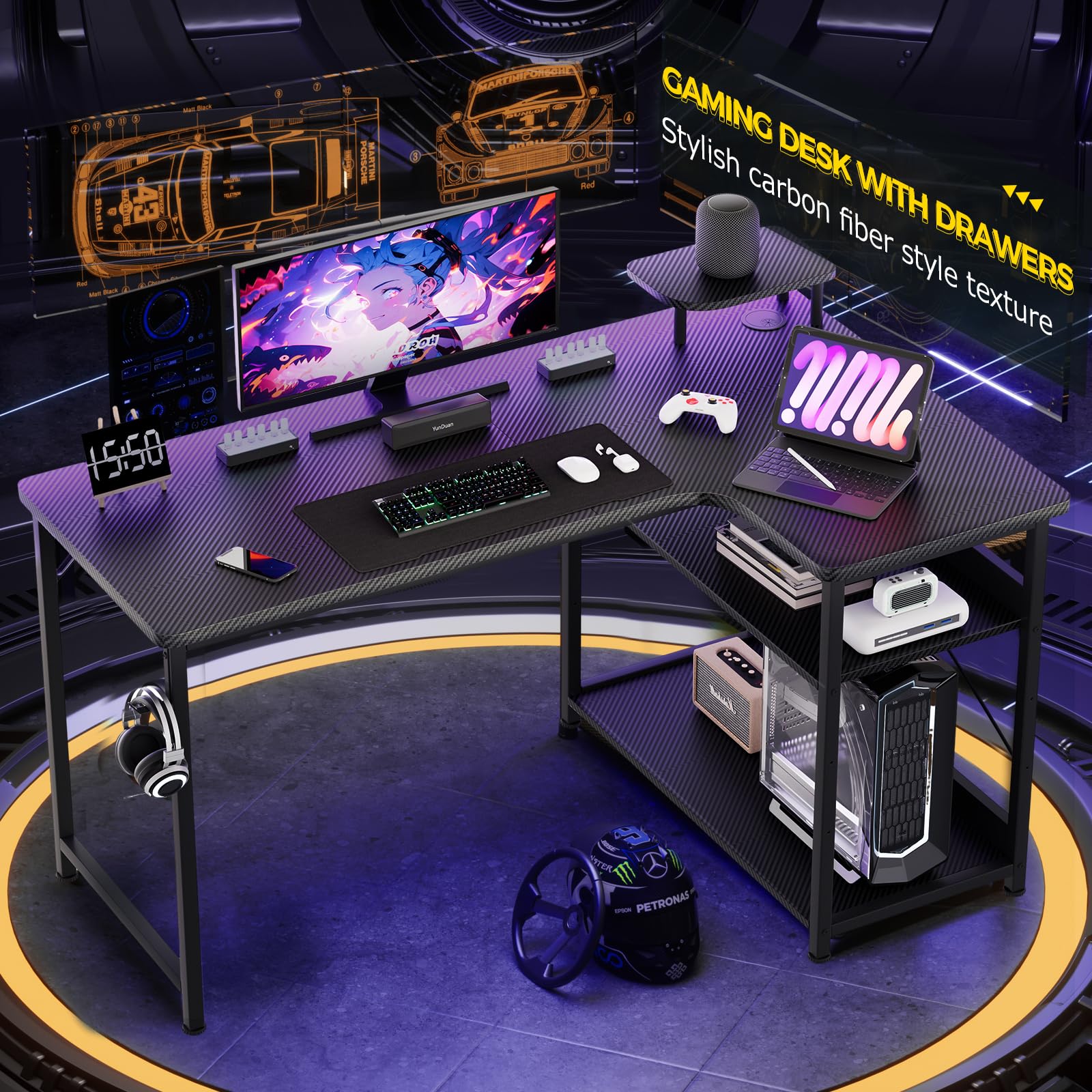 Gaming Desk L Shaped Desk Carbon Fiber Style Computer Desk Compatible