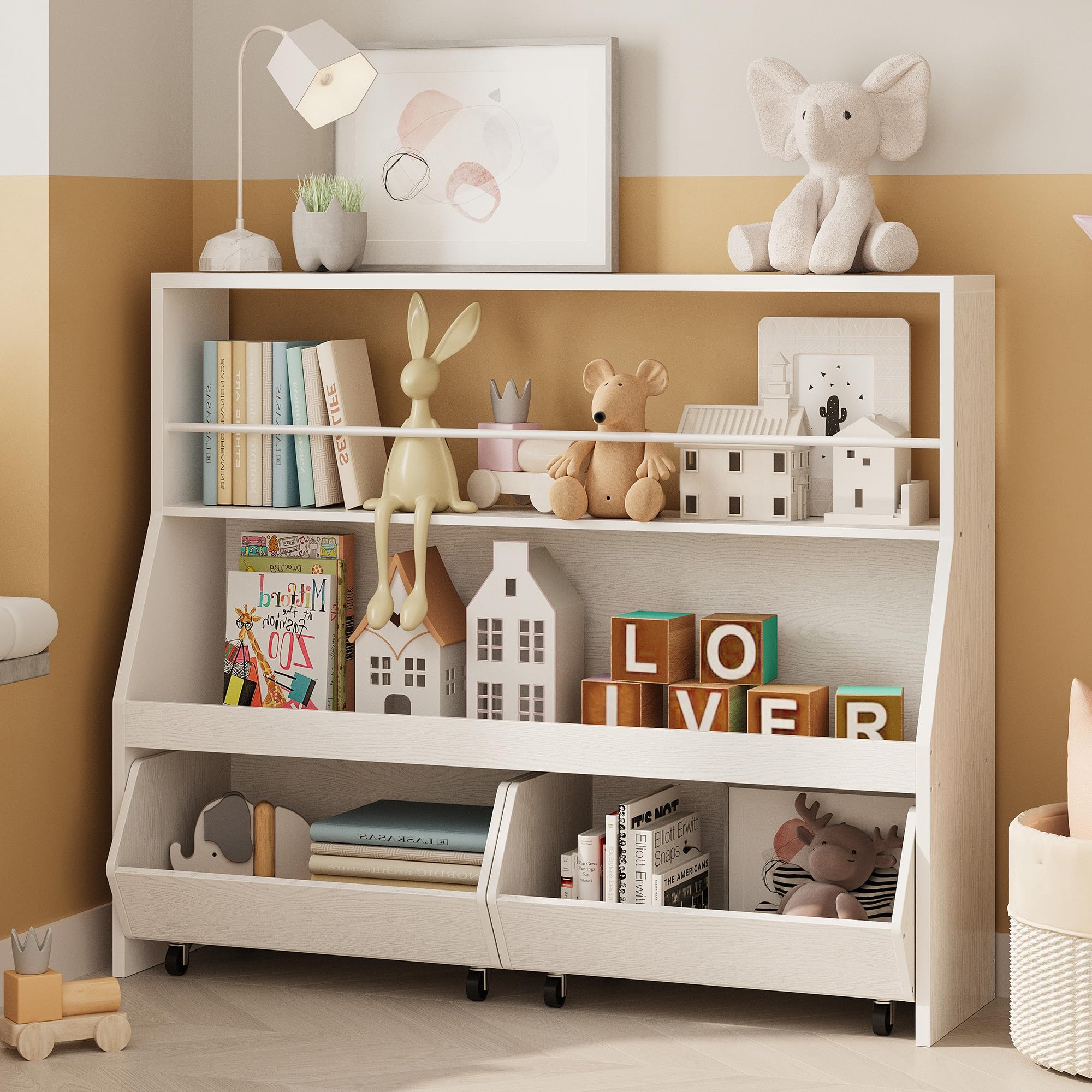 Toy Storage Organizer, Kids Bookshelf with 2 Movable Cubby Drawers