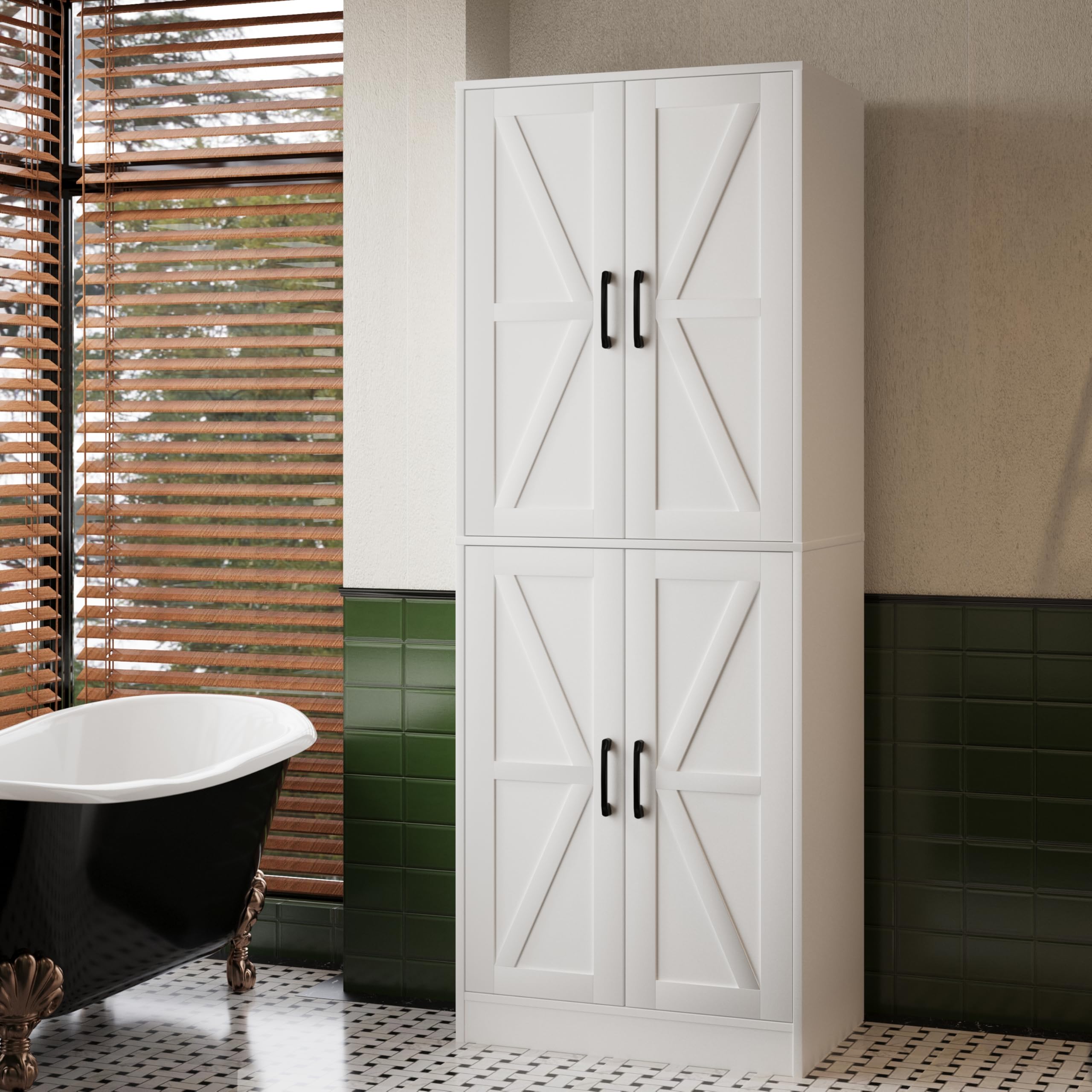 Farmhouse Storage Cabinet - Pantry with 4 Doors, Tall Kitchen Pantry with Adjustable