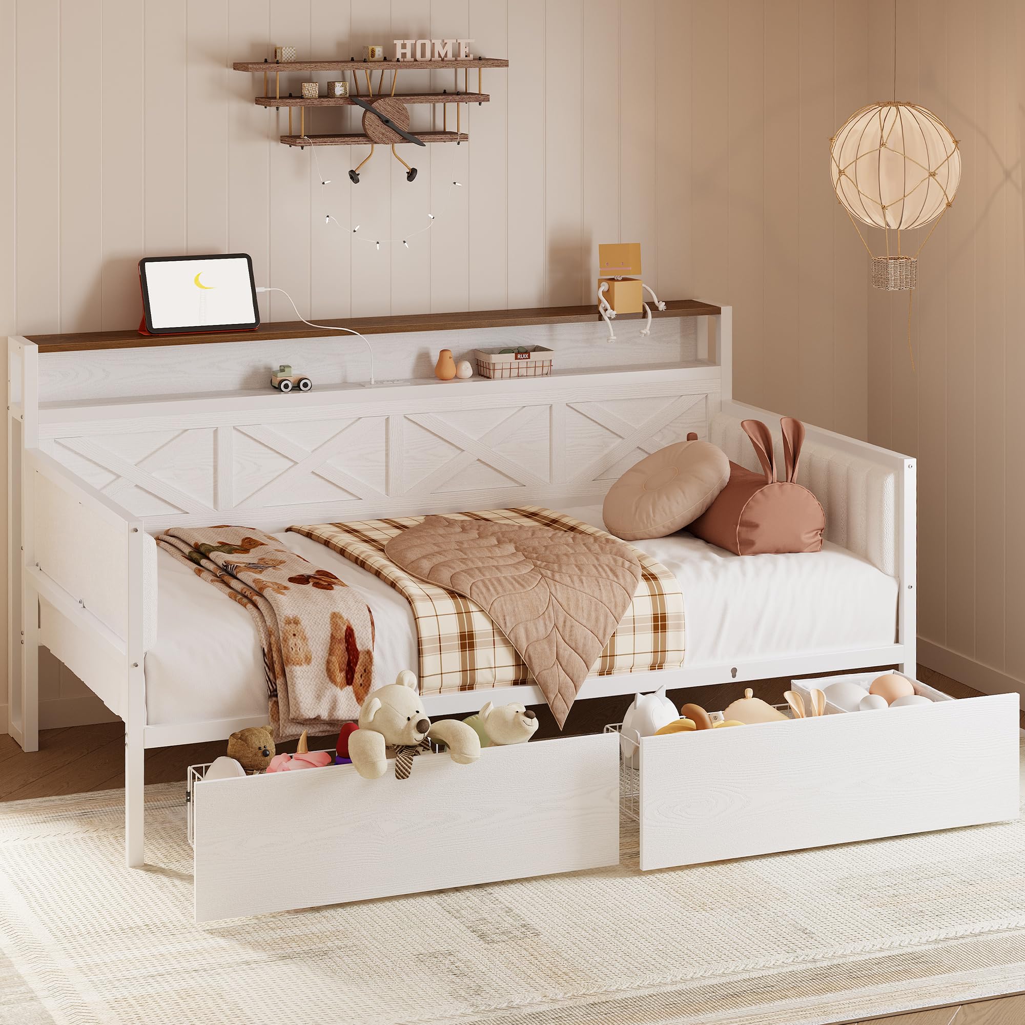 Twin Size Daybed with Storage Drawers, Sturdy Metal Bed Frame with X-Shaped Headboard
