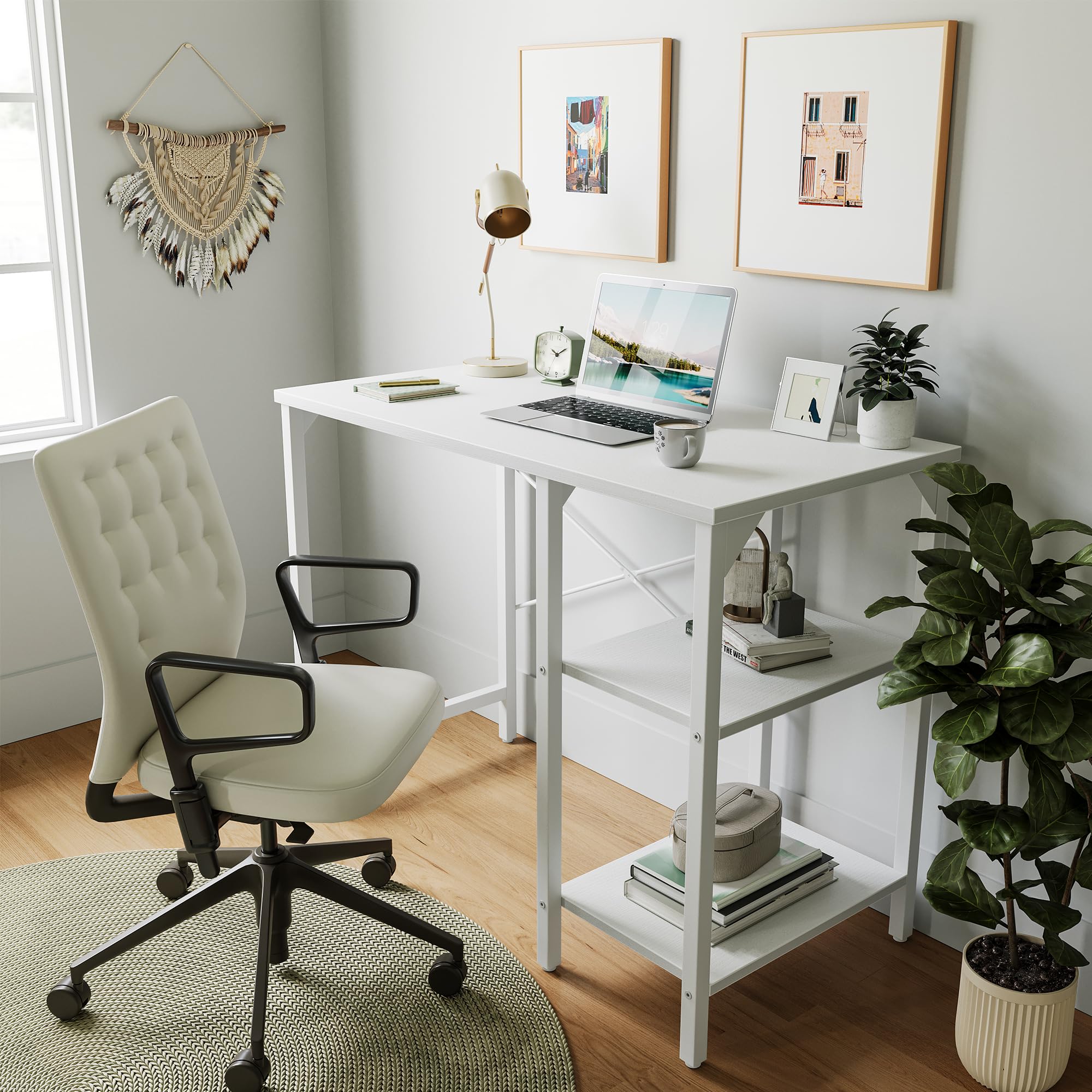 Small Computer Desk, 35 Inch Home Office Desk with Storage Shelves