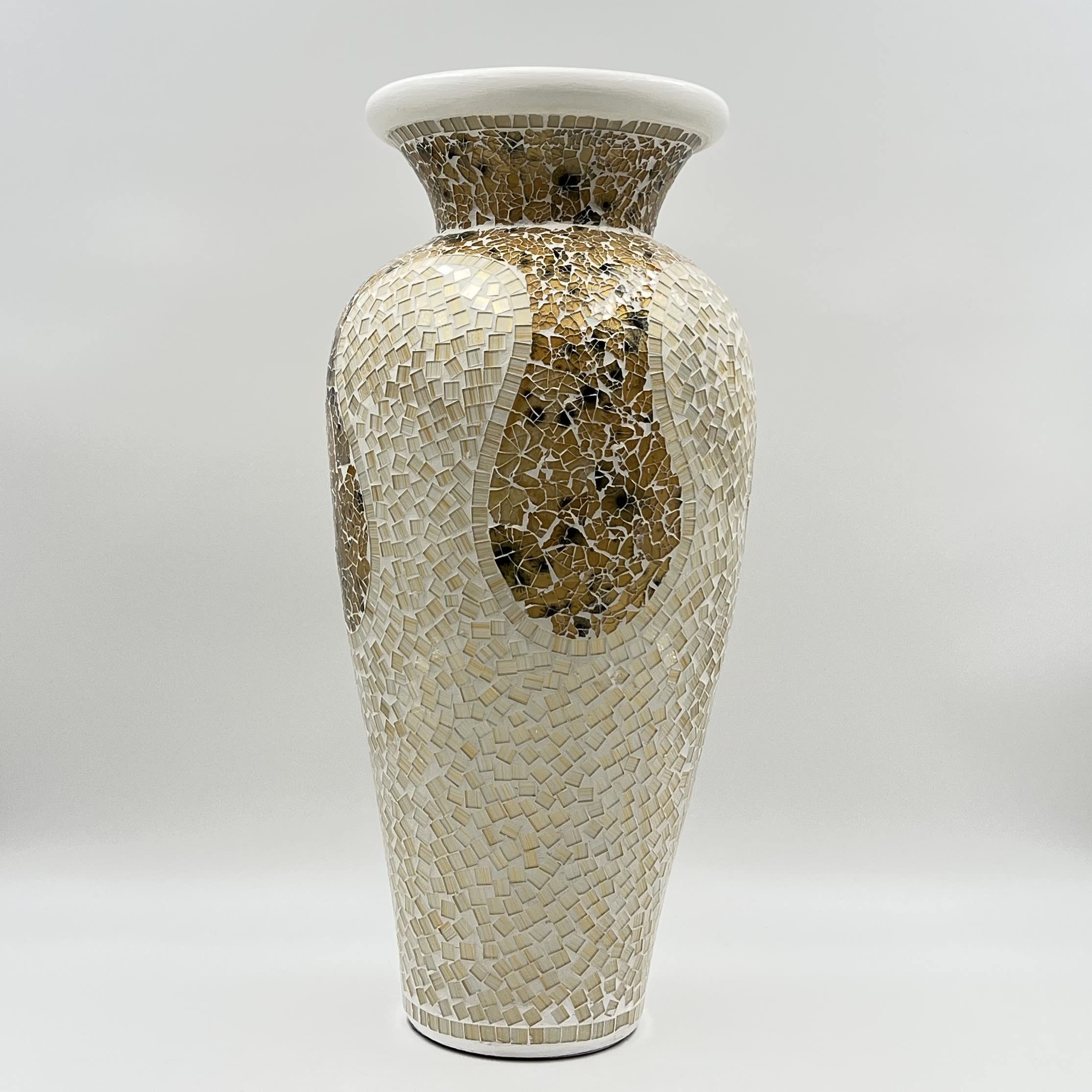 Floor Vase – Tall Cylinder Made of Terracotta with Light Caramel and White Glass Mosaic