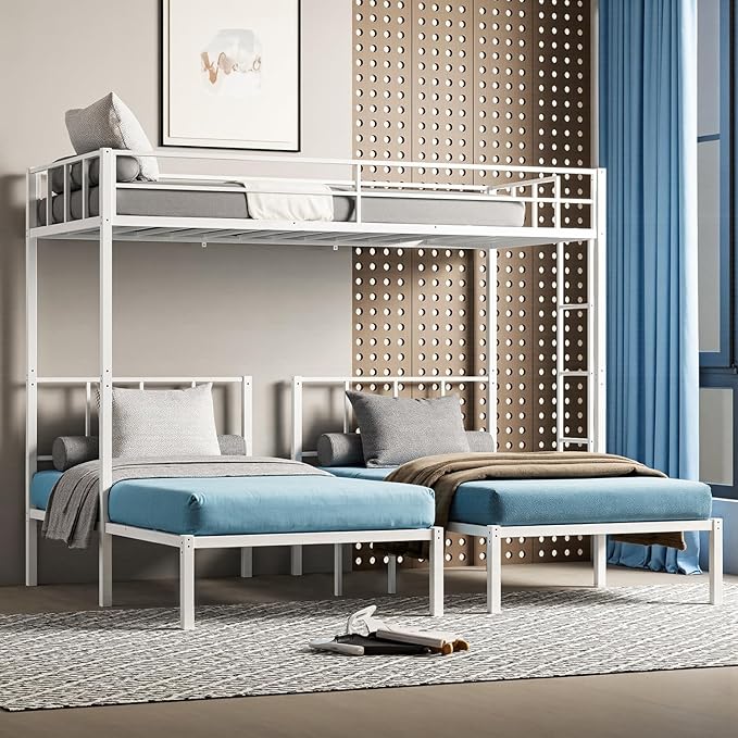 Heavy Duty Triple Bunk Bed, Twin Over Twin Over Twin with Guardrails and Ladder