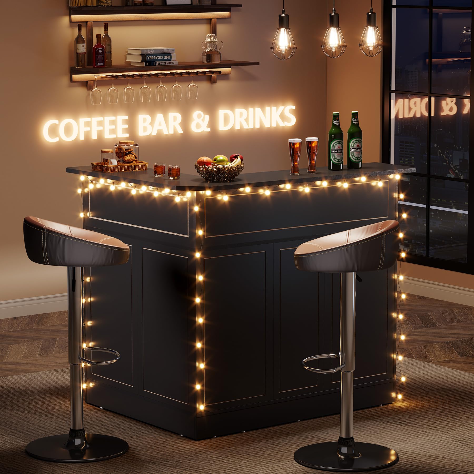Black Bar Cabinet, 4-Tier Home Mini Bar Cabinet with Stemware Rack