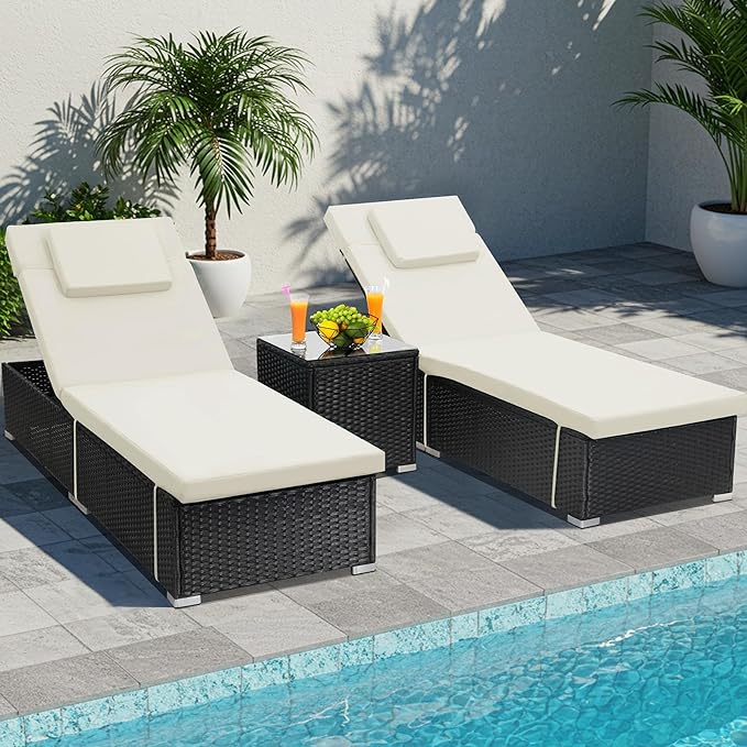 3 Piece Set, Includes 2 Wicker Chaise Lounge Chairs for Outdoors with Matching Side Table