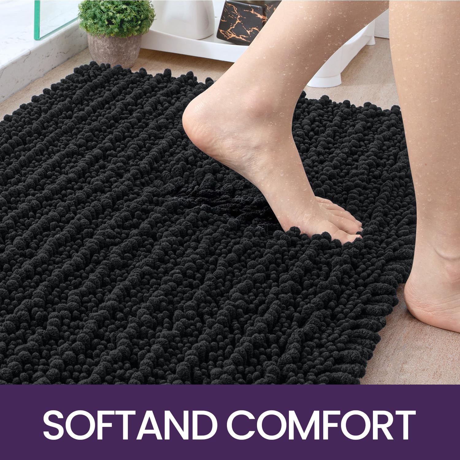 DEXI Bathroom Rug 24x43, Super Soft Thick Chenille Absorbent Bath Mat, Non Slip Machine Washable Fluffy Shag Bathmat for Tub, Shower Floor, Black