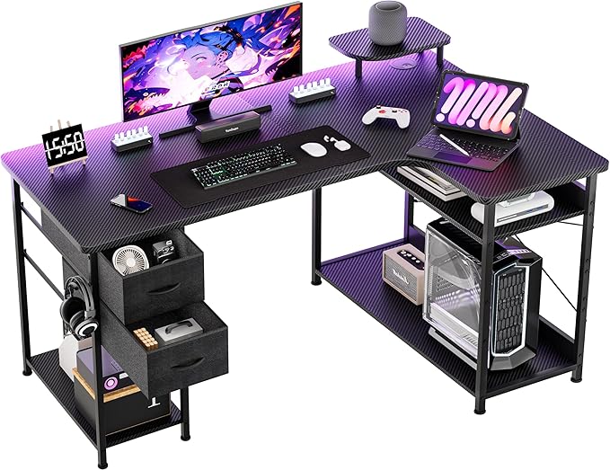 Gaming Desk L Shaped Desk Carbon Fiber Style Computer Desk Compatible