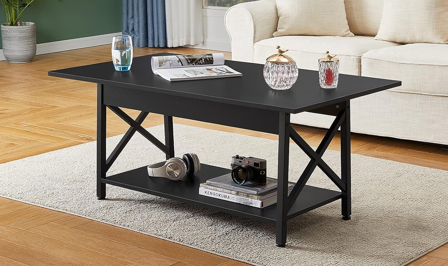 Black Coffee Table with Storage Shelf 39 inch